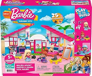 MEGA Barbie Building Toys Playset, Malibu Dream House with 303 Pieces, 2 Micro-Dolls, Accessories and Furniture, 3 Pets