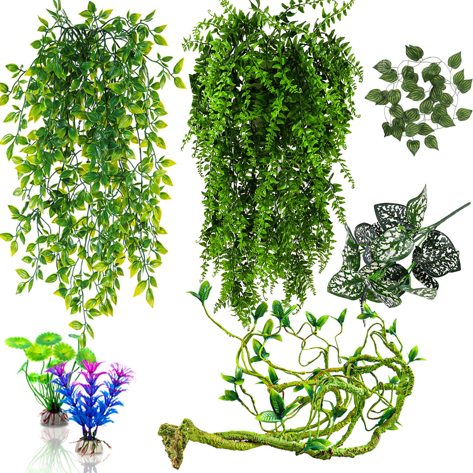 Mechpia 12 Pieces Bearded Dragon Tank Accessories, Reptile Hammock Plants and Vines Terrarium Branch Plants Habitat Decoration for Lizard Gecko Snake Hermit Crab