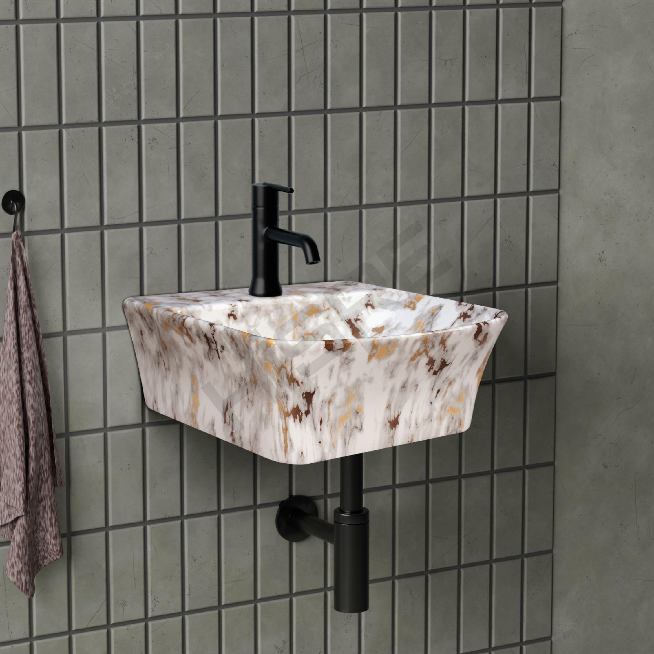 HISRE Wall Mount Wash Basin 13"x13"x5" | White with Grey Golden Marble Finish Ceramic Sink | Modern Rectangular Bathroom Basin for Home, Office & Hotels, photo 2 of 5