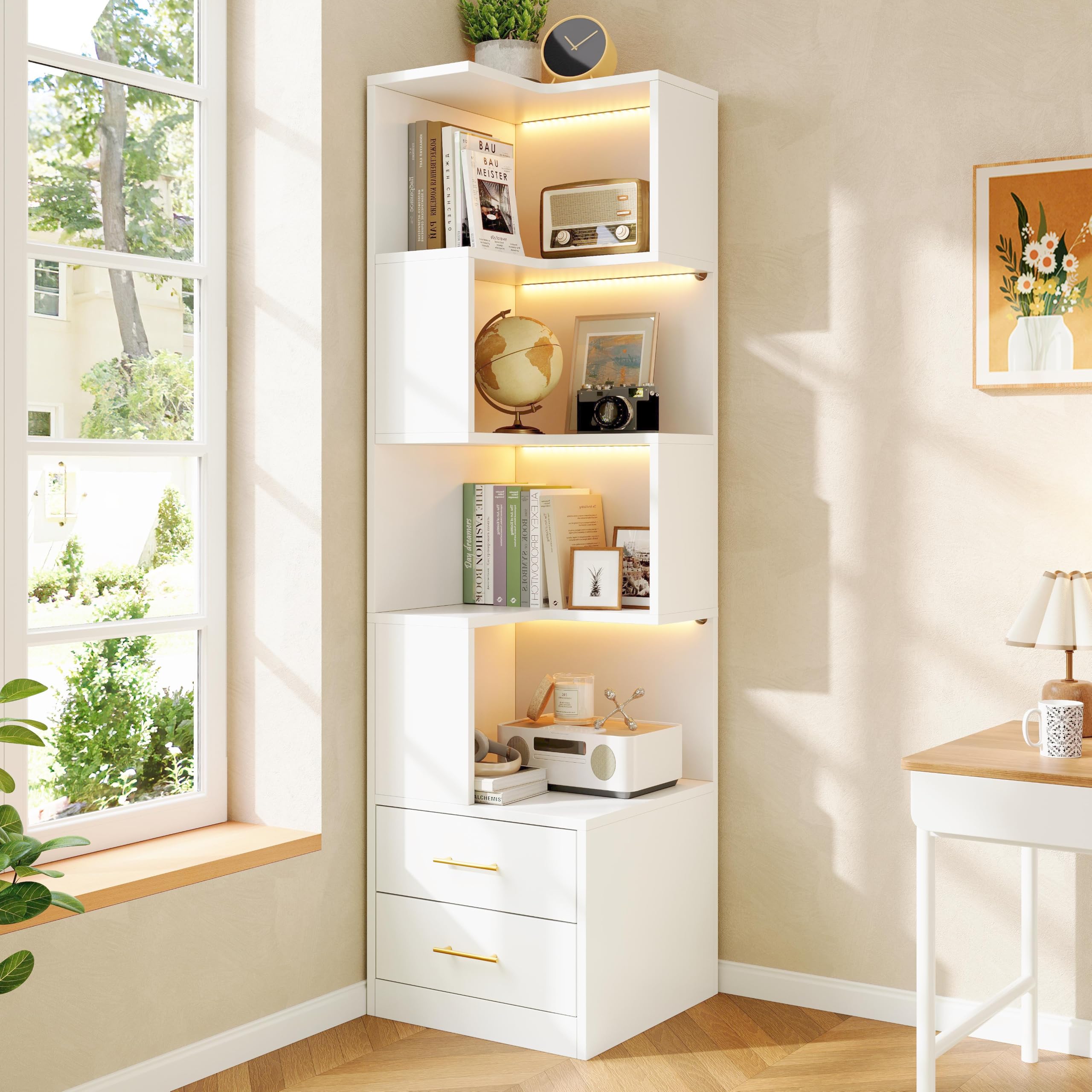 Étagère d'angle blanche LED 165 cm 4 niveaux 2 tiroirs meuble salon chambre