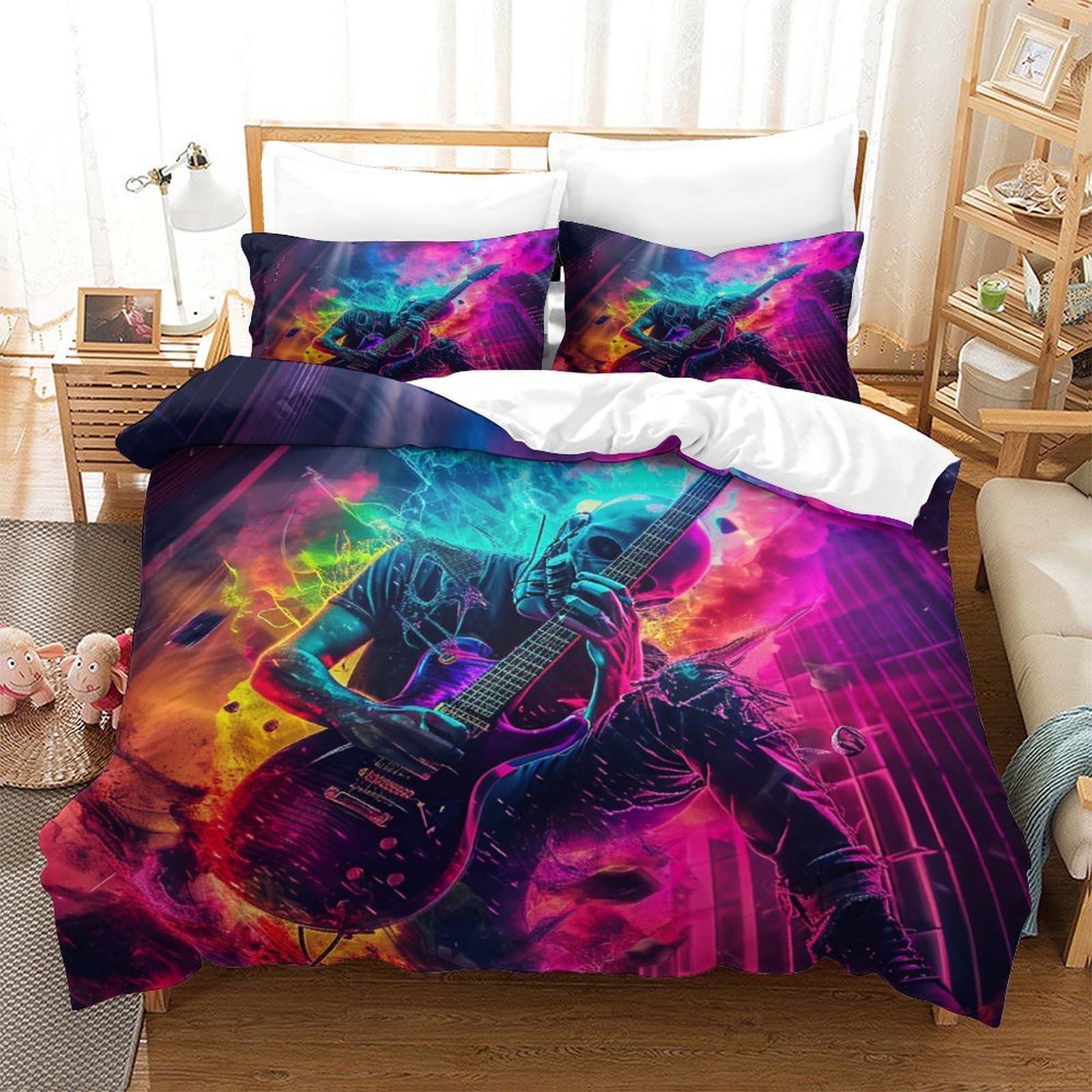Housse de couette 3D musique rock 260x220 cm avec ses deux taies d'oreiller squelette