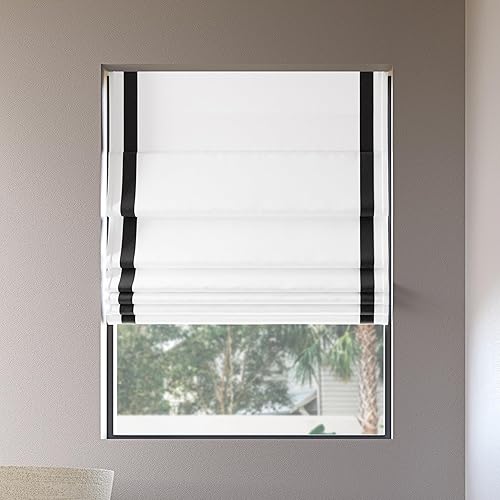 Sun Zero Denna - Persiana romana sin cordón, 100 % opaca con borde de cinta, color negro, 33 x 64 pulgadas, color negro y blanco