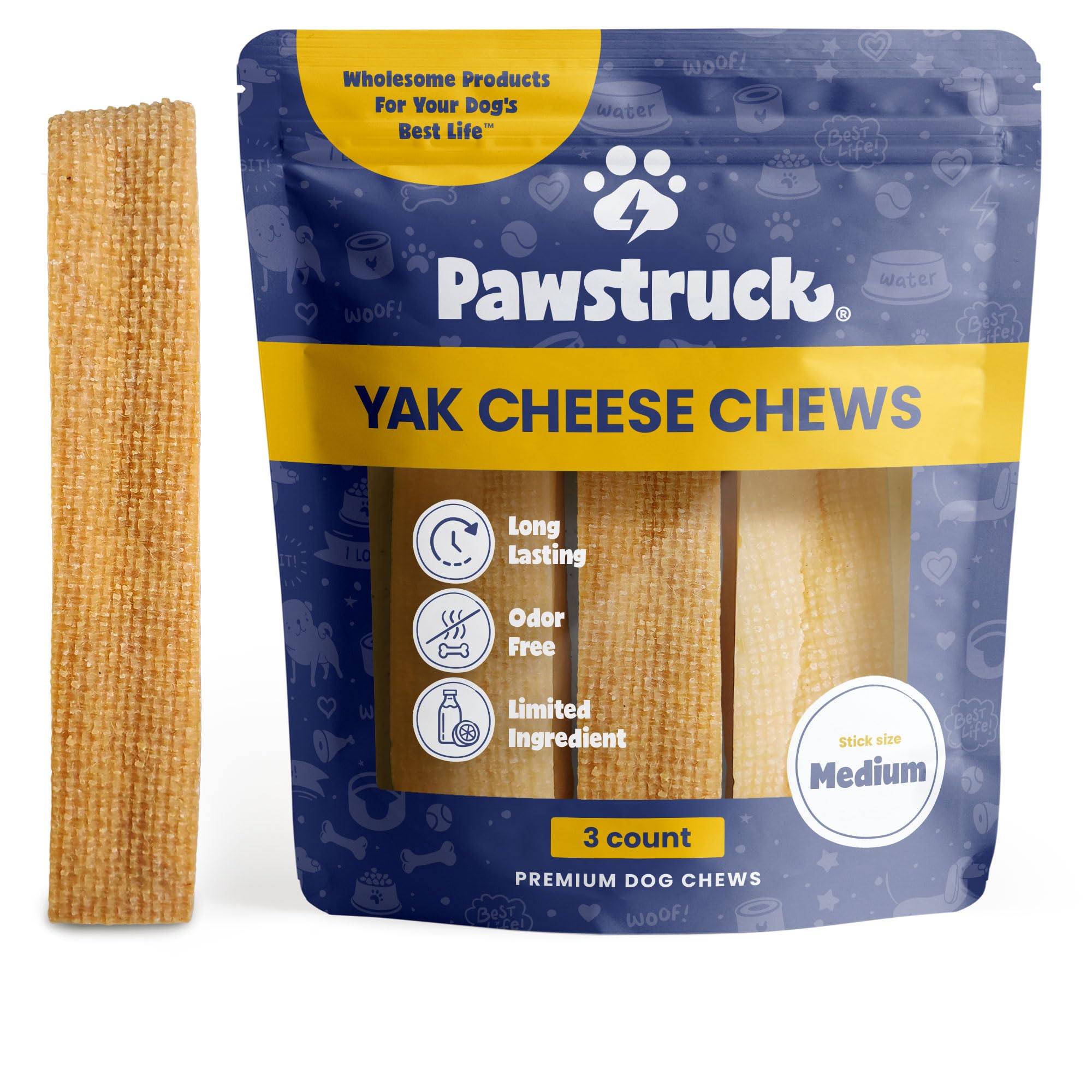 Pawstruck Himalayan Yak Dog Chew (3–4 oz Pieces) – Natural Yak and Cow Milk Cheese, Long-Lasting Jumbo Treat, Thick Chew Stick – 3 Pack – Packaging May Vary