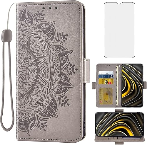 Asuwish Compatible con Xiaomi Poco M3 - Funda tipo cartera de vidrio templado, protector de pantalla para tarjetas de crédito, accesorios para