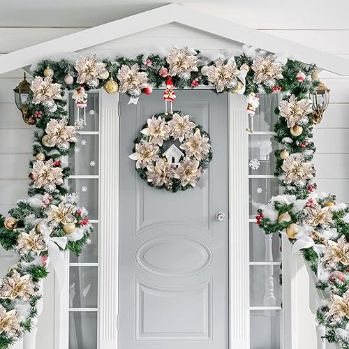 Miniatura 8 de Flores de Pascua de Navidad, 12 flores de Pascua artificiales, adornos dorados para árbol de Navidad con tallos y clips para coronas de Navidad