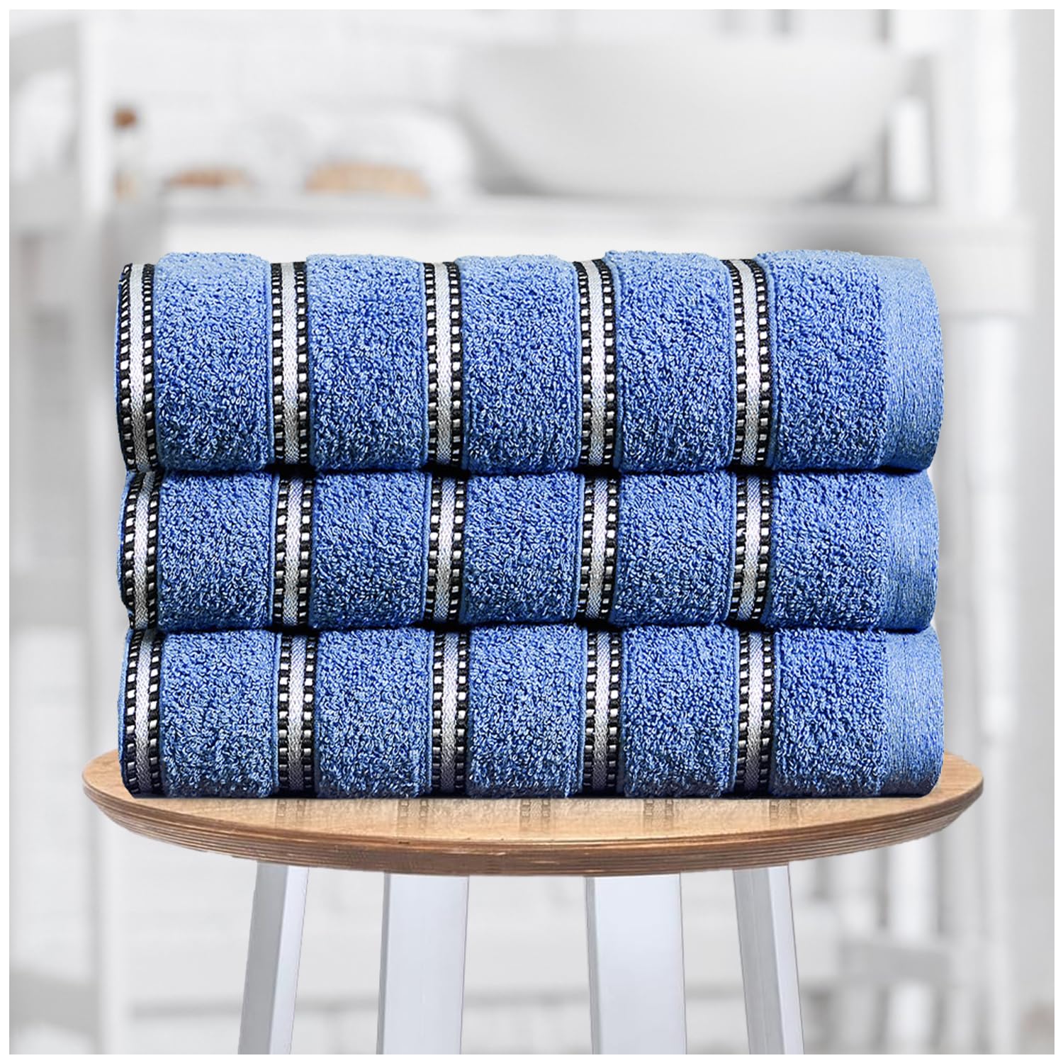 GC GAVENO CAVAILIA Striped Bath Sheets Extra Large 3Pack | 600GSM Towels Bath Sheets Quick Dry & Water Absorbent Towels Set | Lightweight Hotel Quality Thick Cotton Towel Bath Sheet 90x150 Cm, Blue