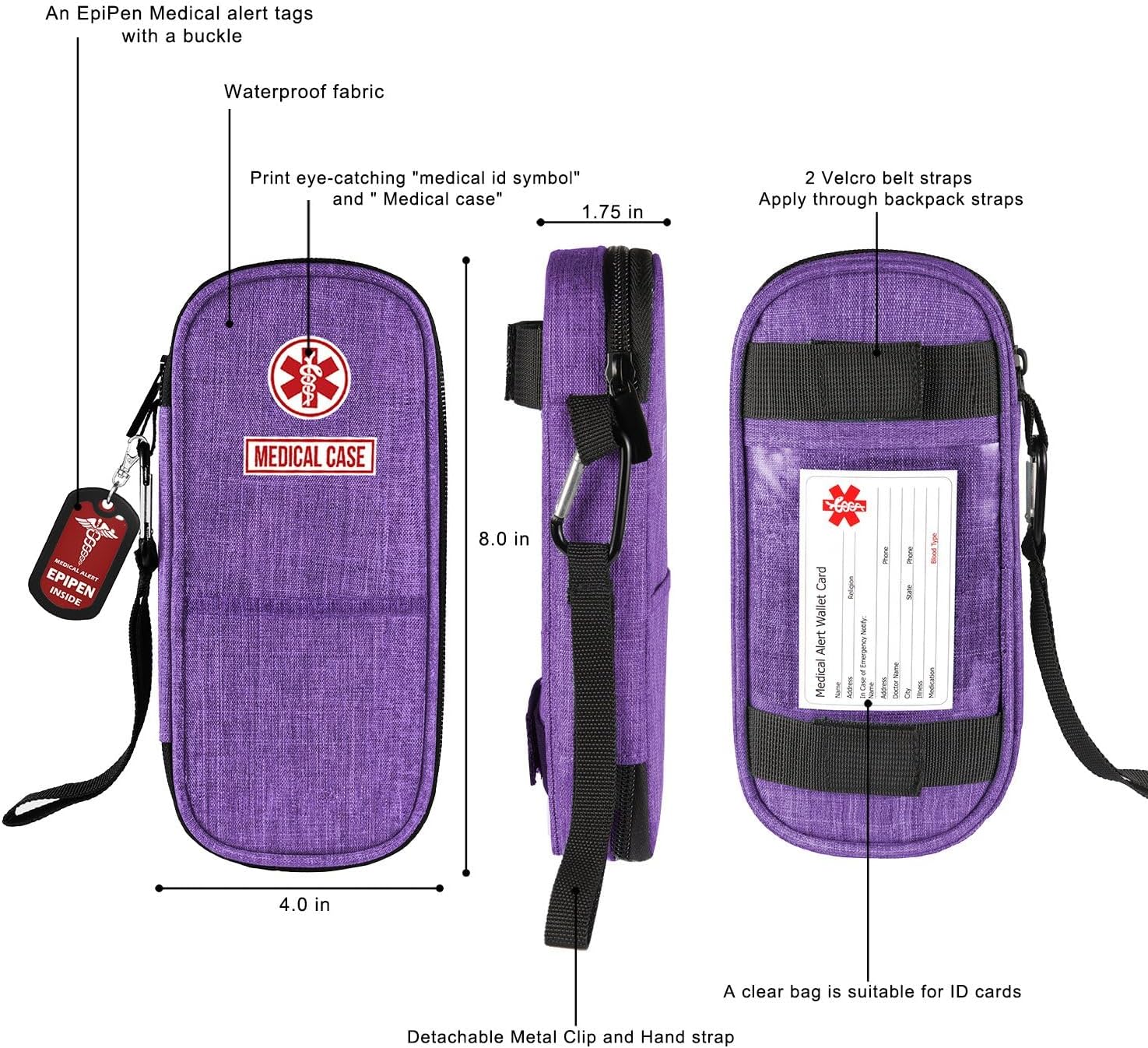 mnmoom EpiPen Medical Carrying Case, Travel Medication Bag Insulated Fits 2 EpiPens, Asthma Inhaler, Anti-Histamine, Auvi-Q, Allergy Medicine Essentials-with a Epipen Tag (Purple-XL)