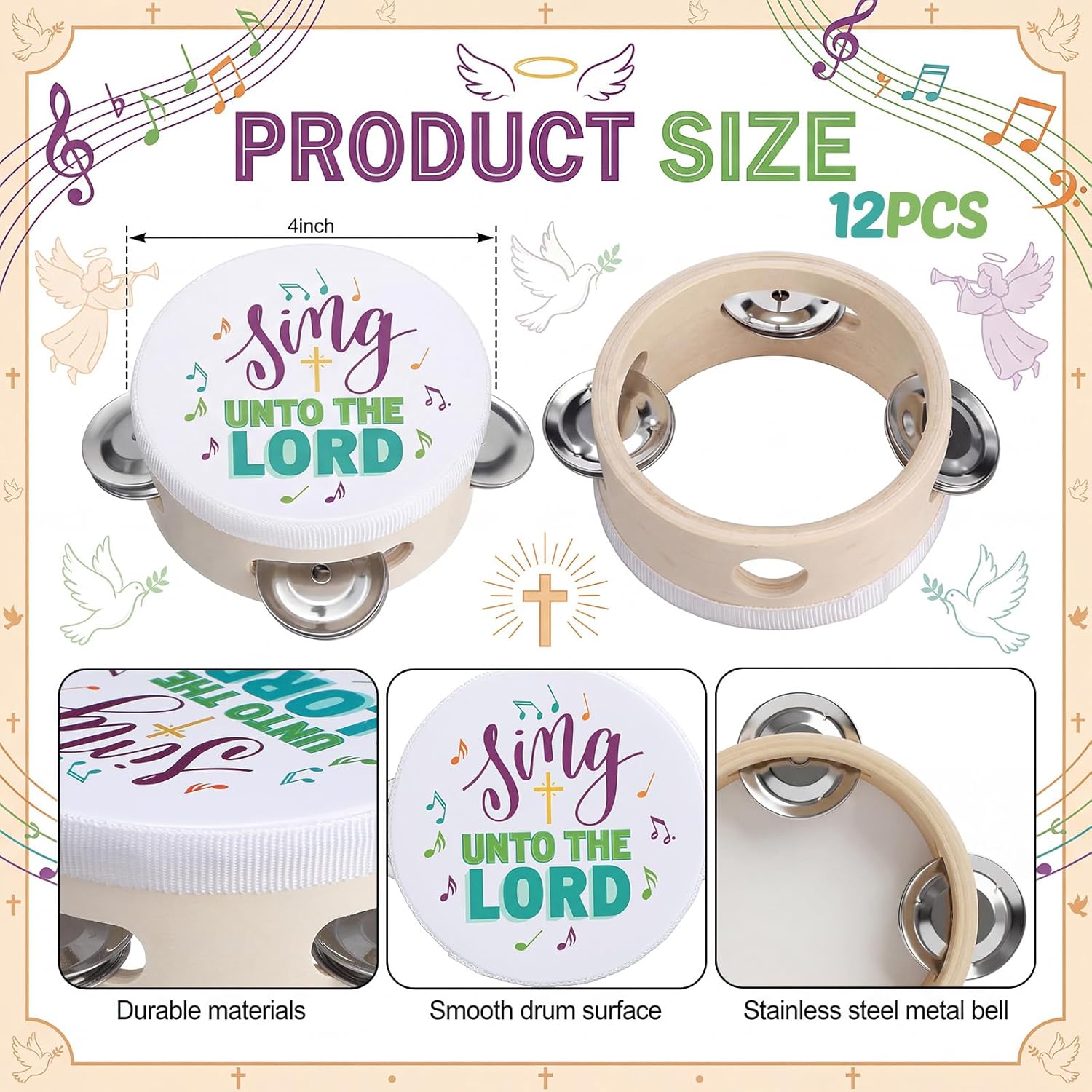 Yeshone 12 Pcs 4 Inch Natural Wooden Tambourines Bulk, Mini Pandereta with Christian Themed Prints Handheld Percussion Musical Instruments for Adults Church Worship Sunday Party Favors