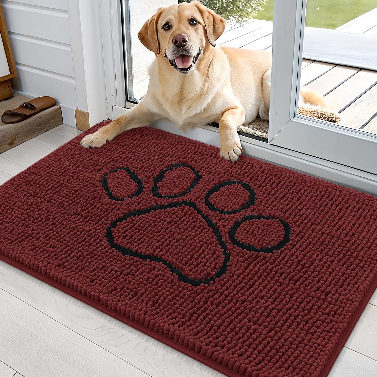 OLANLY Dog Door Mat for Muddy Paws 36x24, Paw Print Design Chenille Mud Mat