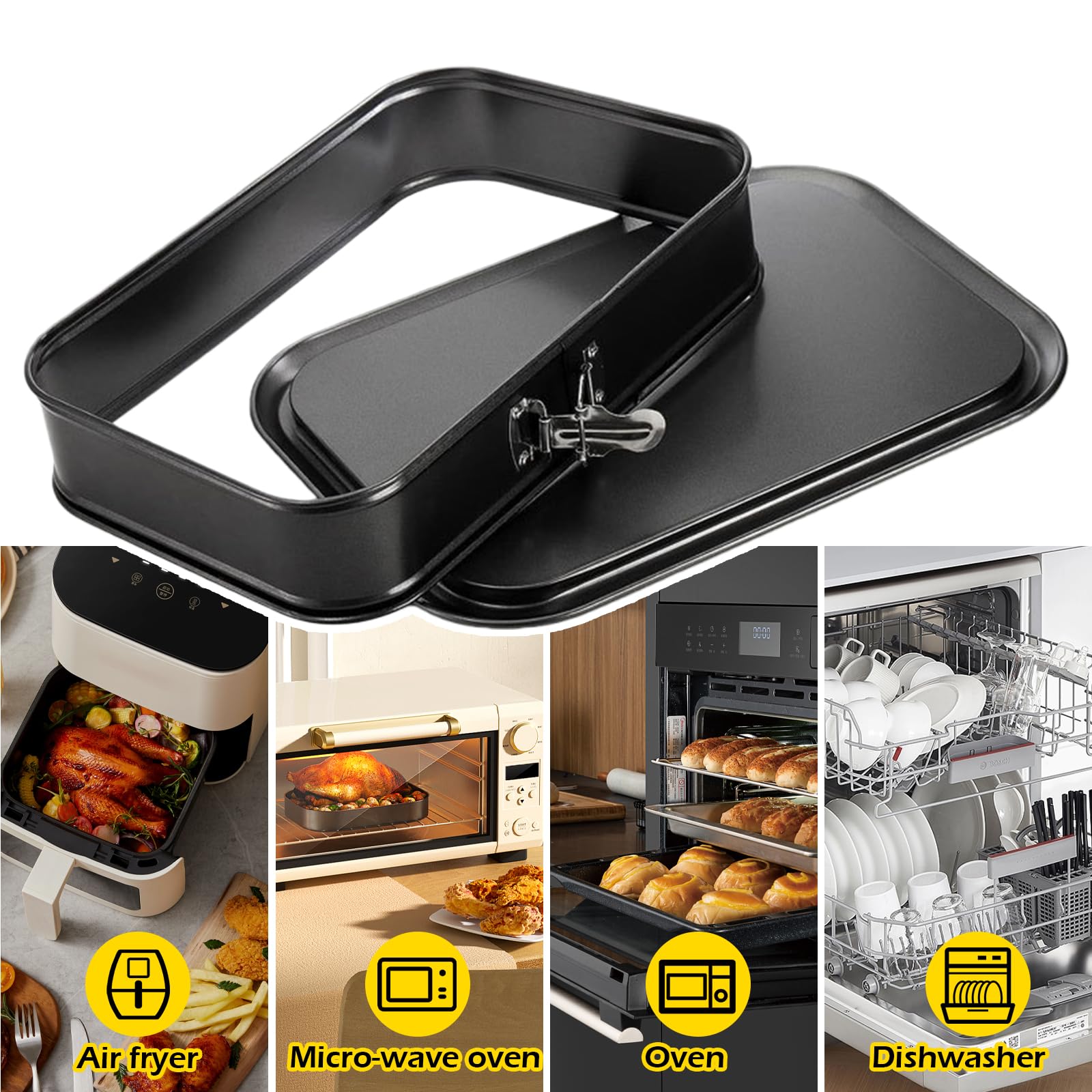 GAESHOW Stampo Apribile Rettangolare 33x23 cm, Tortiera Apribile, Teglia da Forno Rettangolare con Cerniera, Tortiera rettangolare Apribile, Fondo Salvagoccia, Acciaio al Carbonio, Nero