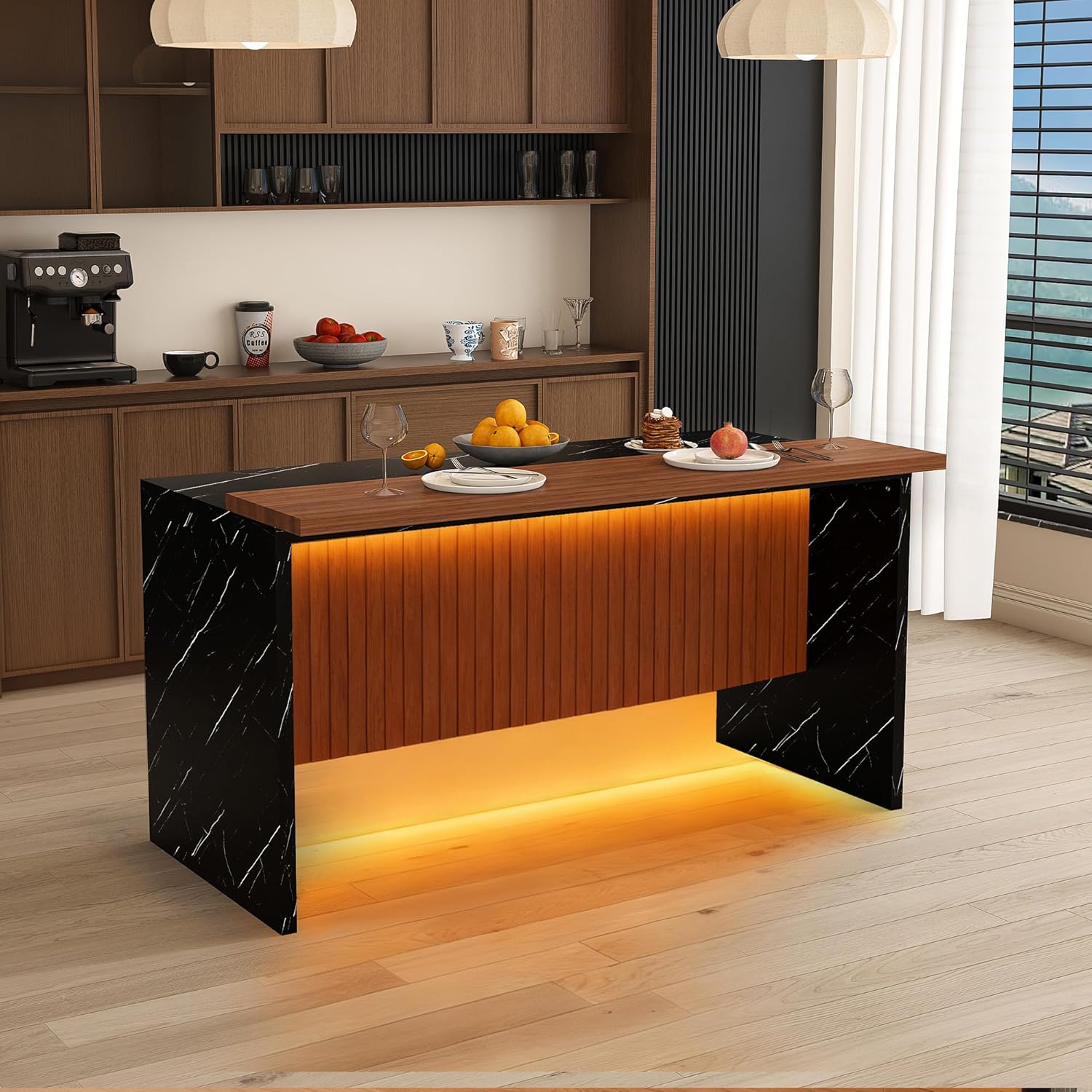 63" Thickened Marble Island Table for Kitchen,Imitation Marble Bar Table for 4-6 People,Integration Island Multi-Color Led Mood Lighting (Black, Only Table)