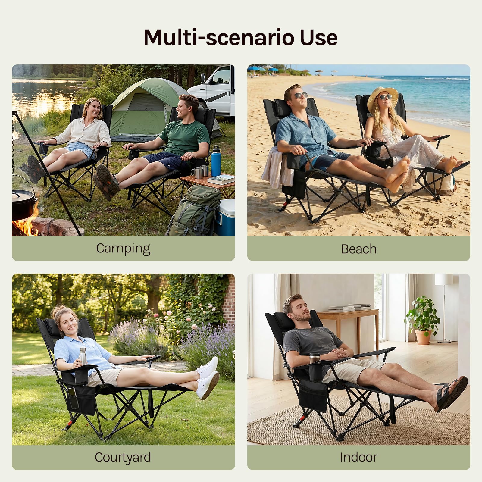 WOLTU Set di 2 Sedie Pieghevoli, Sdraio da Giardino, Regolabili in 3 Posizioni, Supporta 150 kg, con Portabicchieri, Tasca Laterale, Poggiapiedi, per Campeggio, Pesca, Spiaggia, Nero