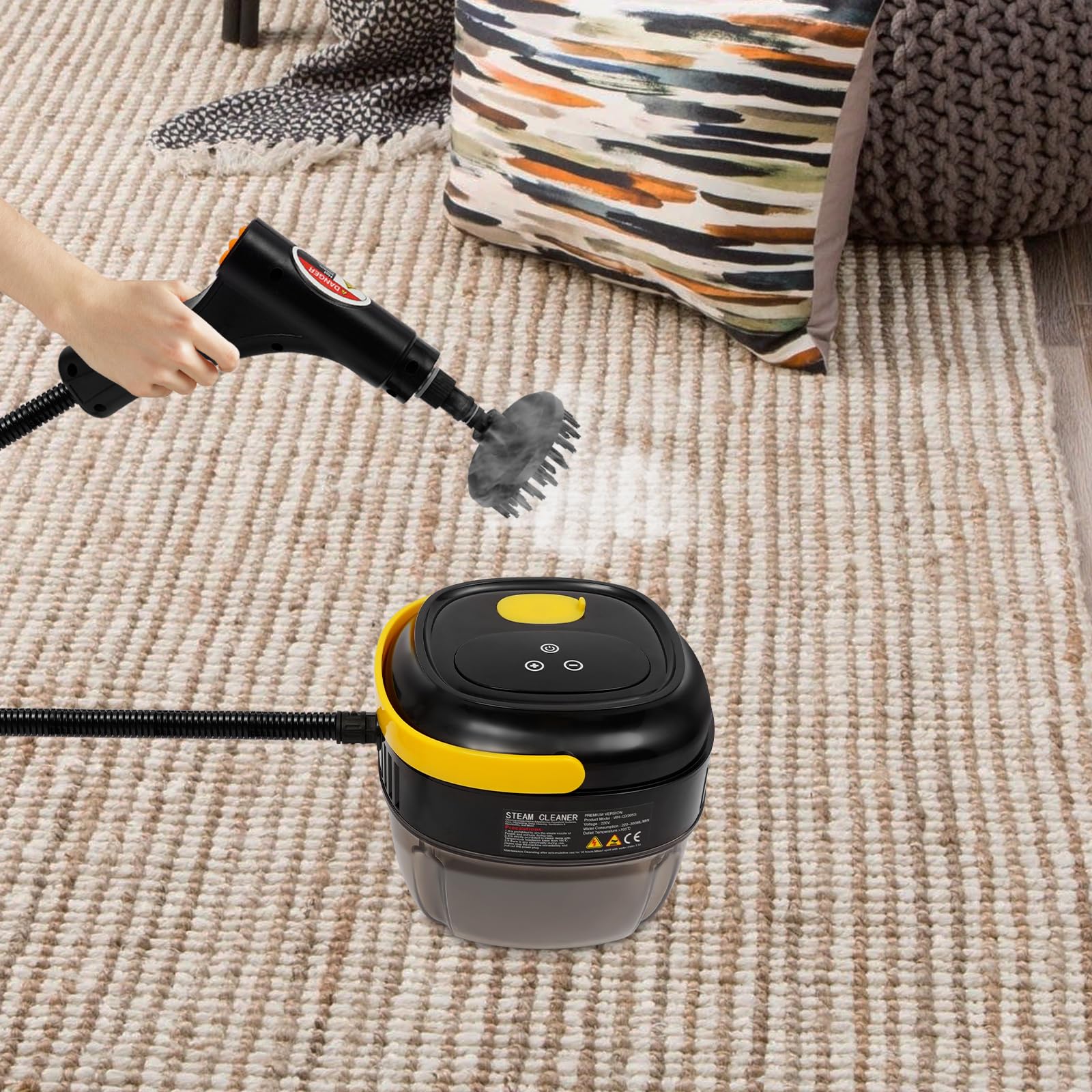 Myjka parowa, ręczna myjka parowa, 1500 W, ciśnienie 3 barów, 6 poziomów pary, zbiornik na wodę 1700 ml, do kuchni i gospodarstwa domowego, z 4 szczotkami i drążkiem przedłużającym (kolor czarny