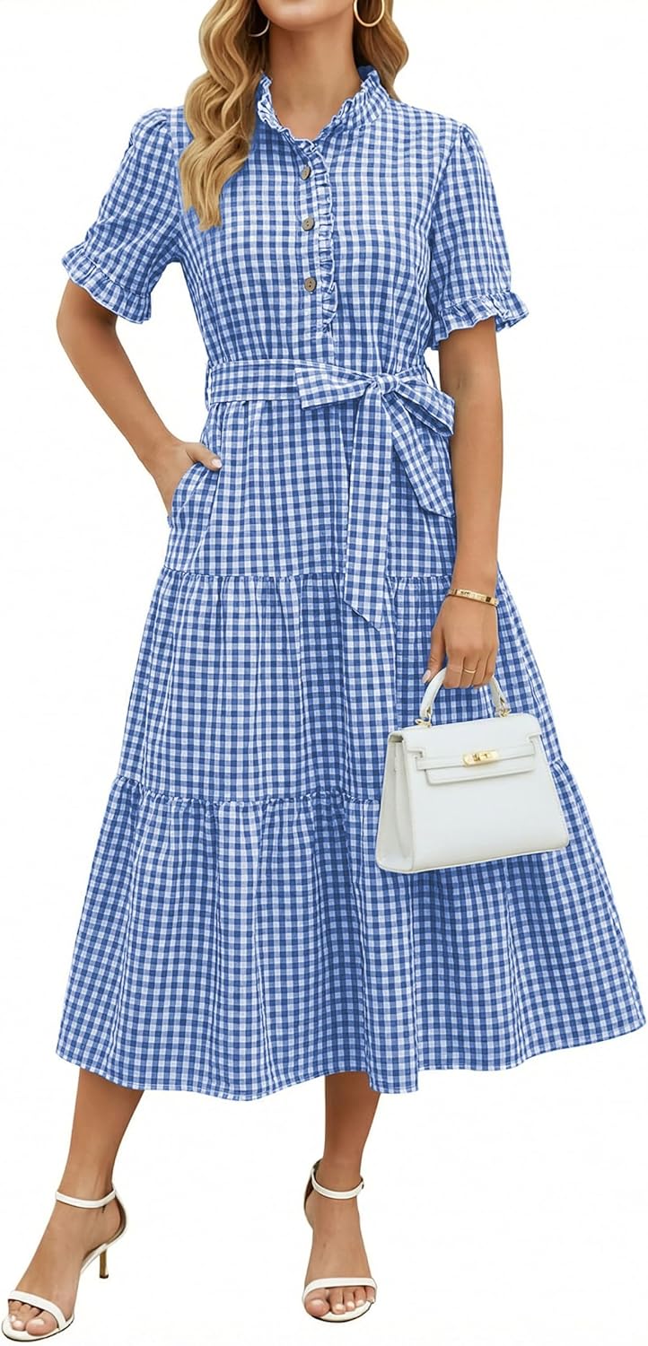 Womens Striped Summer Dress Elegant Ruffled Sleeve Button Down Tie Waist Maxi Shirt Dresses