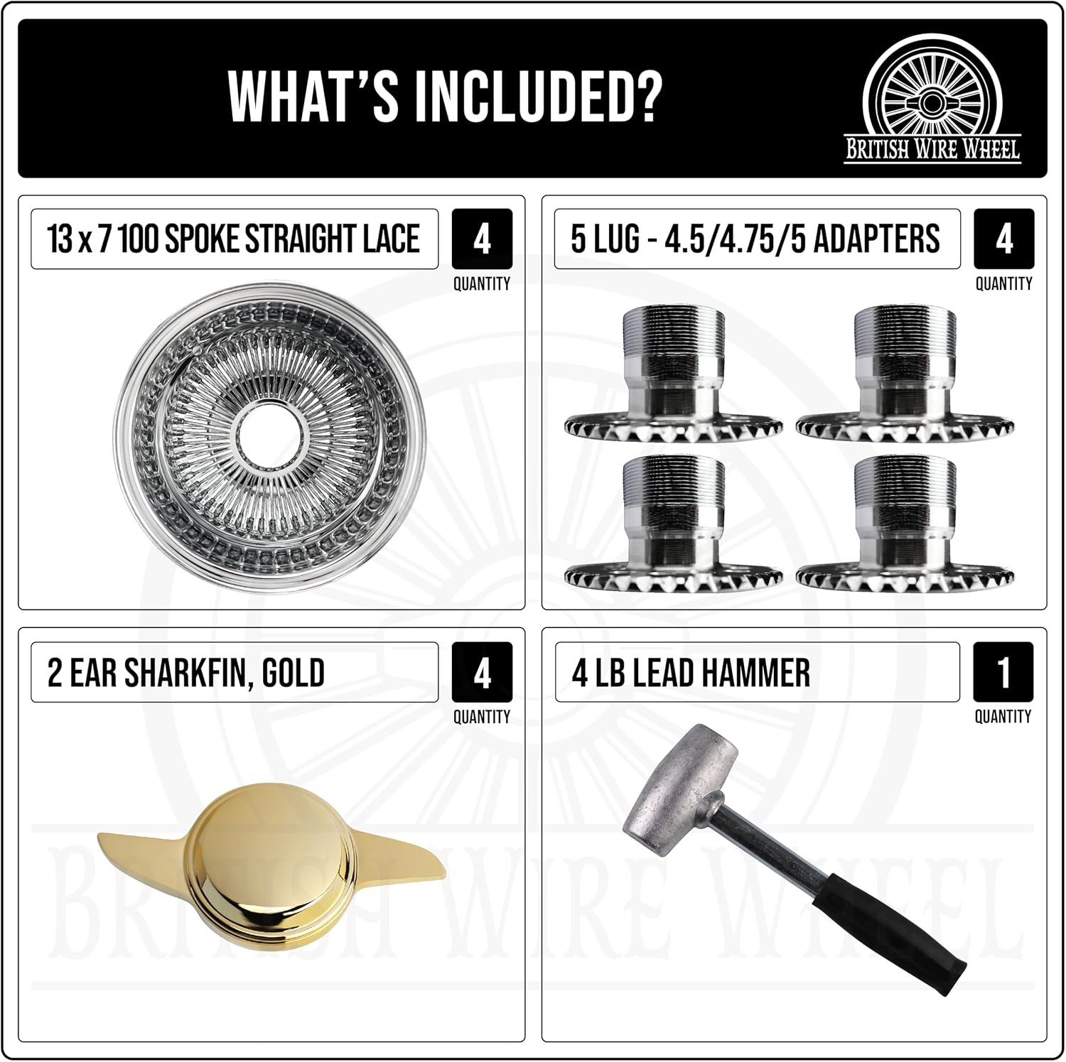13x7 Reverse 100 Spoke Straight Lace Wire Wheels with 2 Ear/Bar Gold Knock Off Spinner Caps + Chrome Adapters 5x4.5, 5x4.75, 5x5 | Deep Dish Lowrider Rims | Set of 4 + Lead Hammer