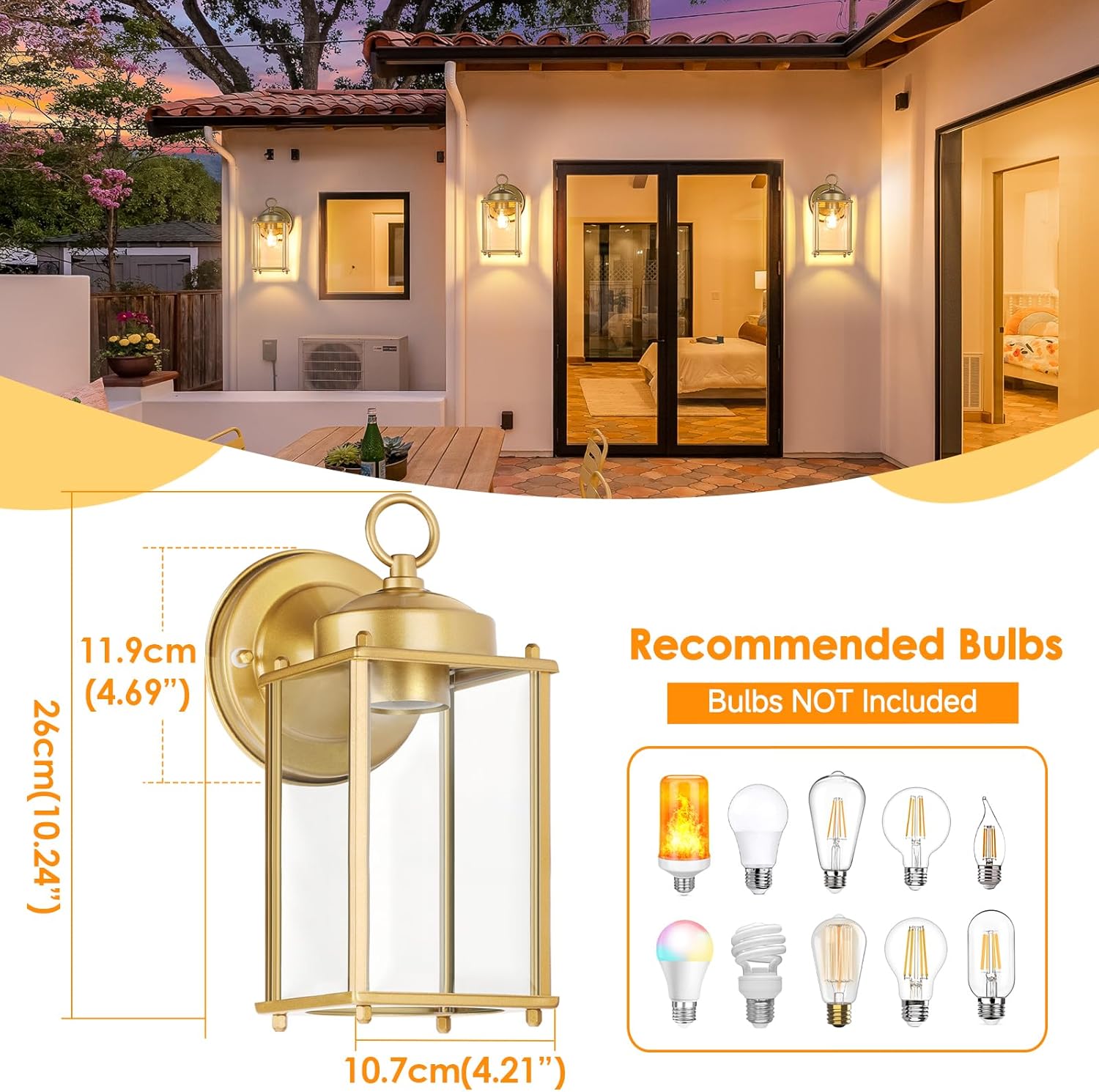 MATAMEYE Large Outdoor Wall Lantern, Exterior Waterproof Wall Sconce Light Fixtures, Gold Front Door Lighting with Clear Beveled Glass, Anti-Rust E26 Socket Porch Lamp, 2 Pack