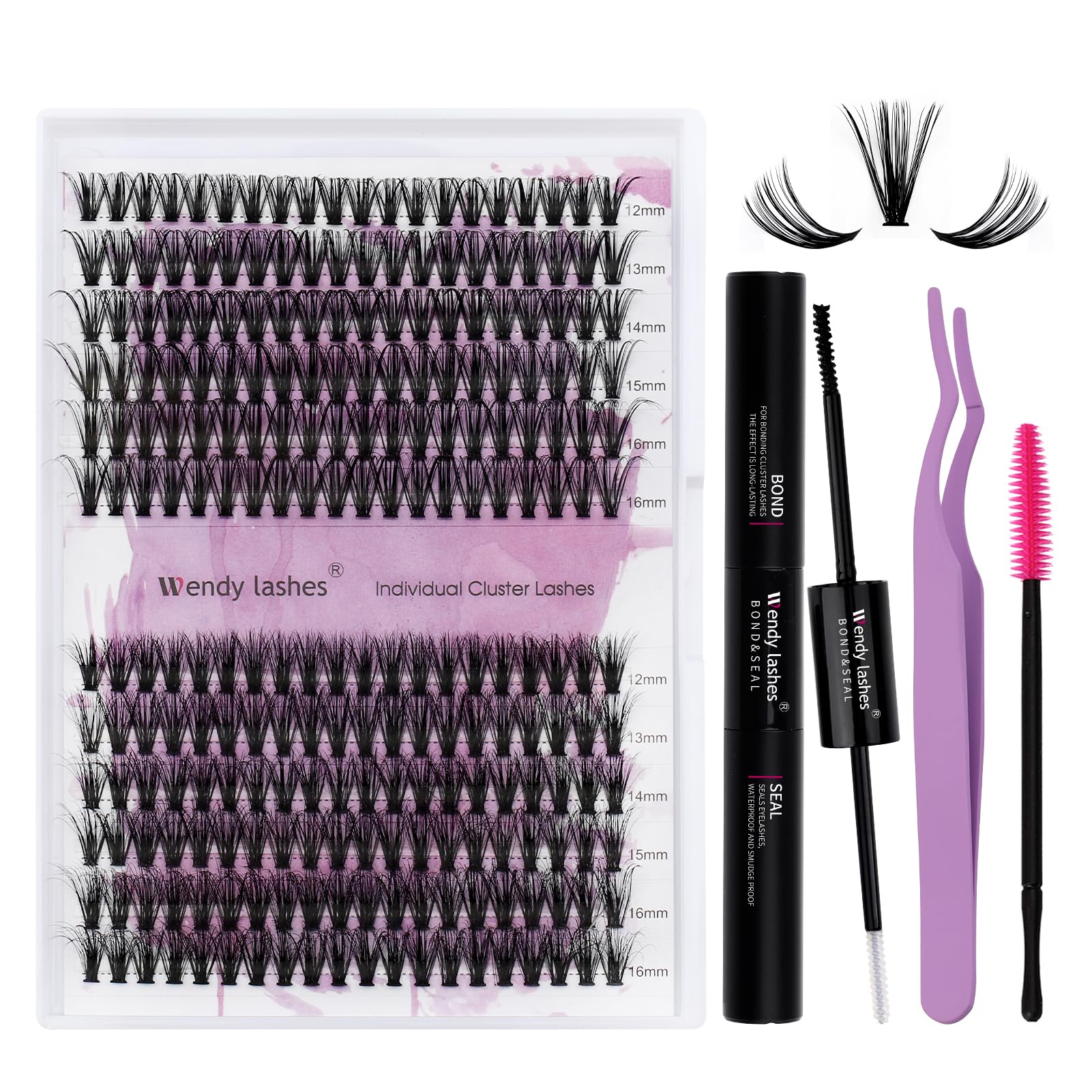 Lash Clusters Kit for Using at Home: Ultra-light, DIY, Natural, Fluffy, Wispy, Waterproof, Anime, Manga, Cat Eye, D Curl, 12-16mm, 3D-40P, Wendy,