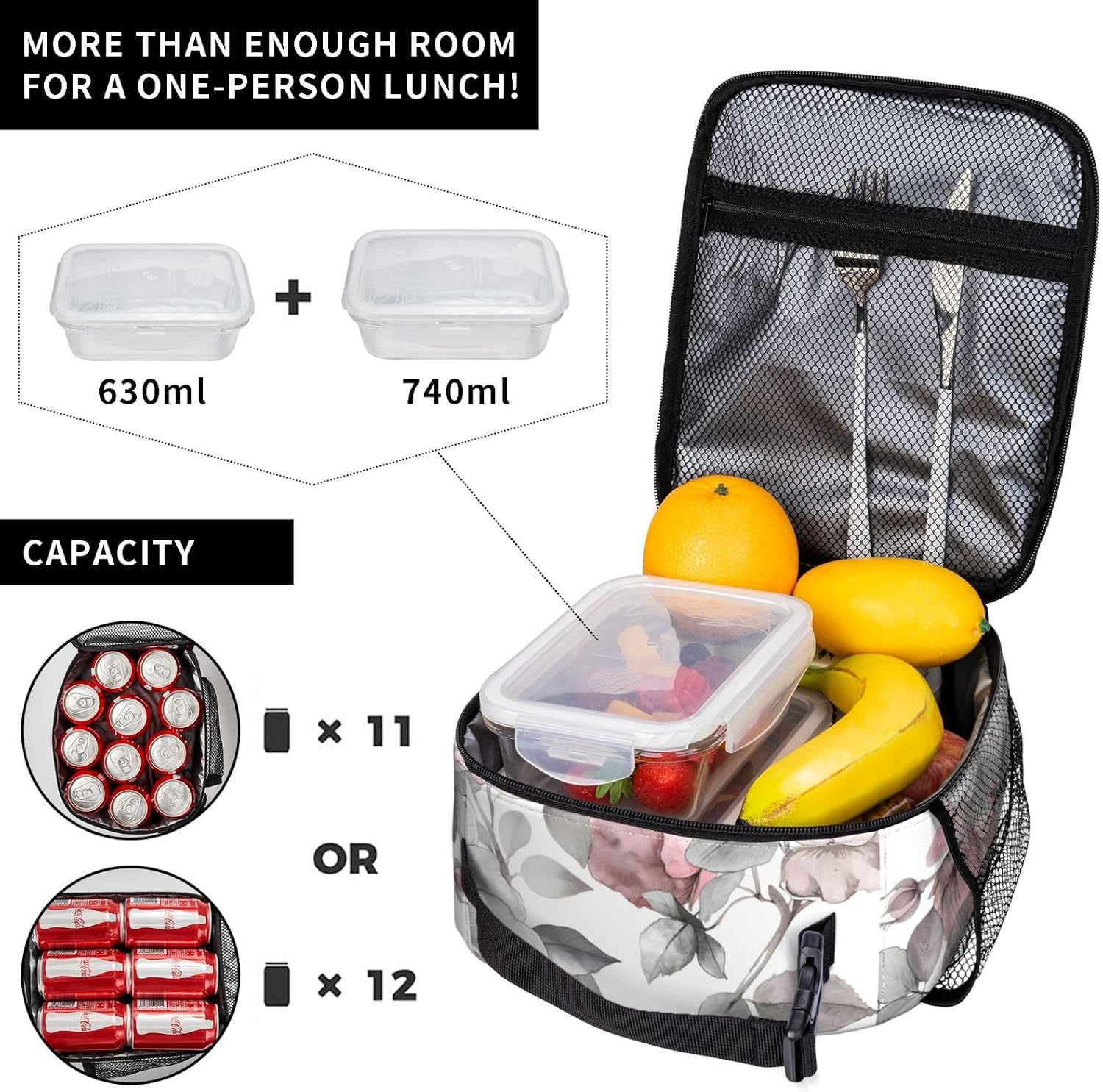 Elegant Floral Lunch Box for Kids Girls Boys, Insulated Lunch Box, Soft Pastel Rose Reusable Lunch Bag for School, Office, Work, Picnic, Travel