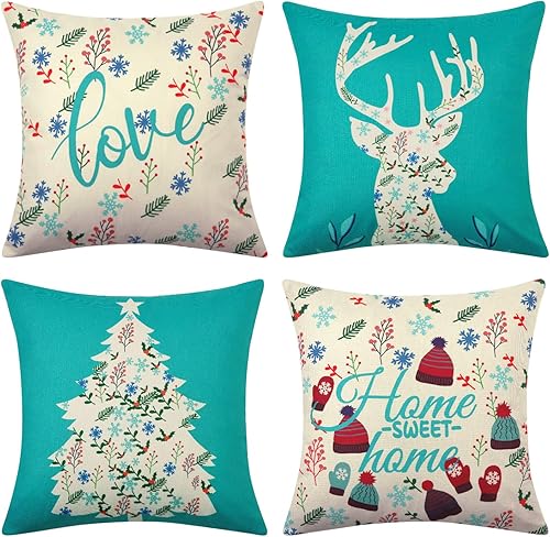 CAROMIO Juego de 4 fundas de almohada decorativas de Navidad de 18 x 18 pulgadas, color verde azulado para el hogar, ciervos, árbol de Navidad,