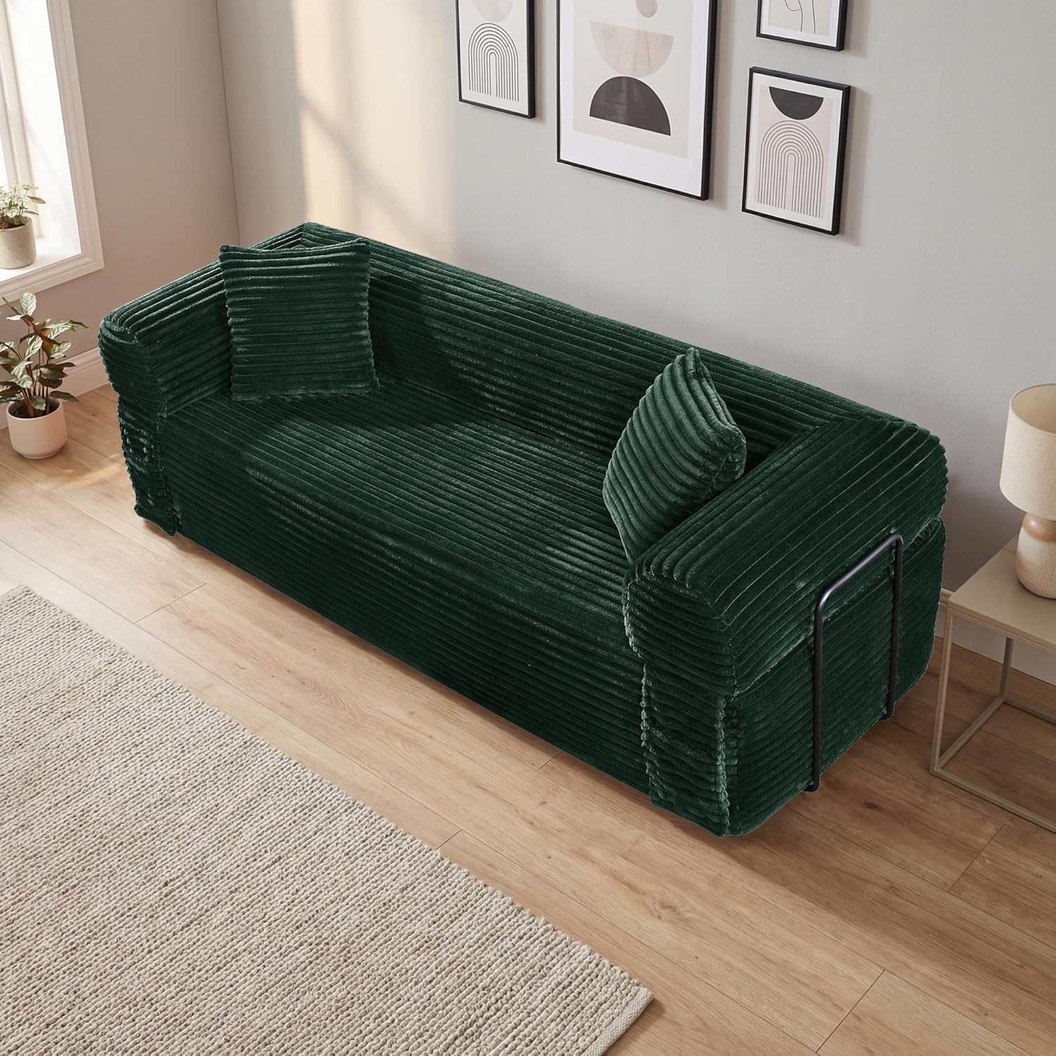 Boneless Couch in A Box 83'' 3 Seater Convertible Cloud Couch, Corduroy No Assembly Needed Sofa 30'' Deep Seat with 2 Pillows + Removable Backrest for Living Room, Office, Apartment, Dark Green