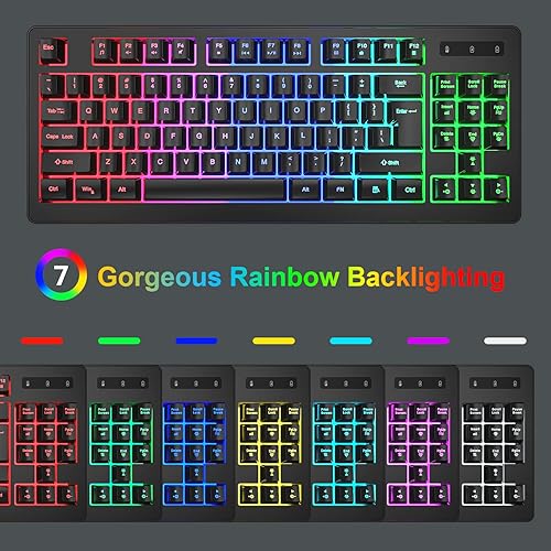 Miniatura 2 de BlueFinger Combo de teclado y mouse inalámbricos, batería recargable de larga duración, 87 teclas RGB con retroiluminación arco iris y mouse