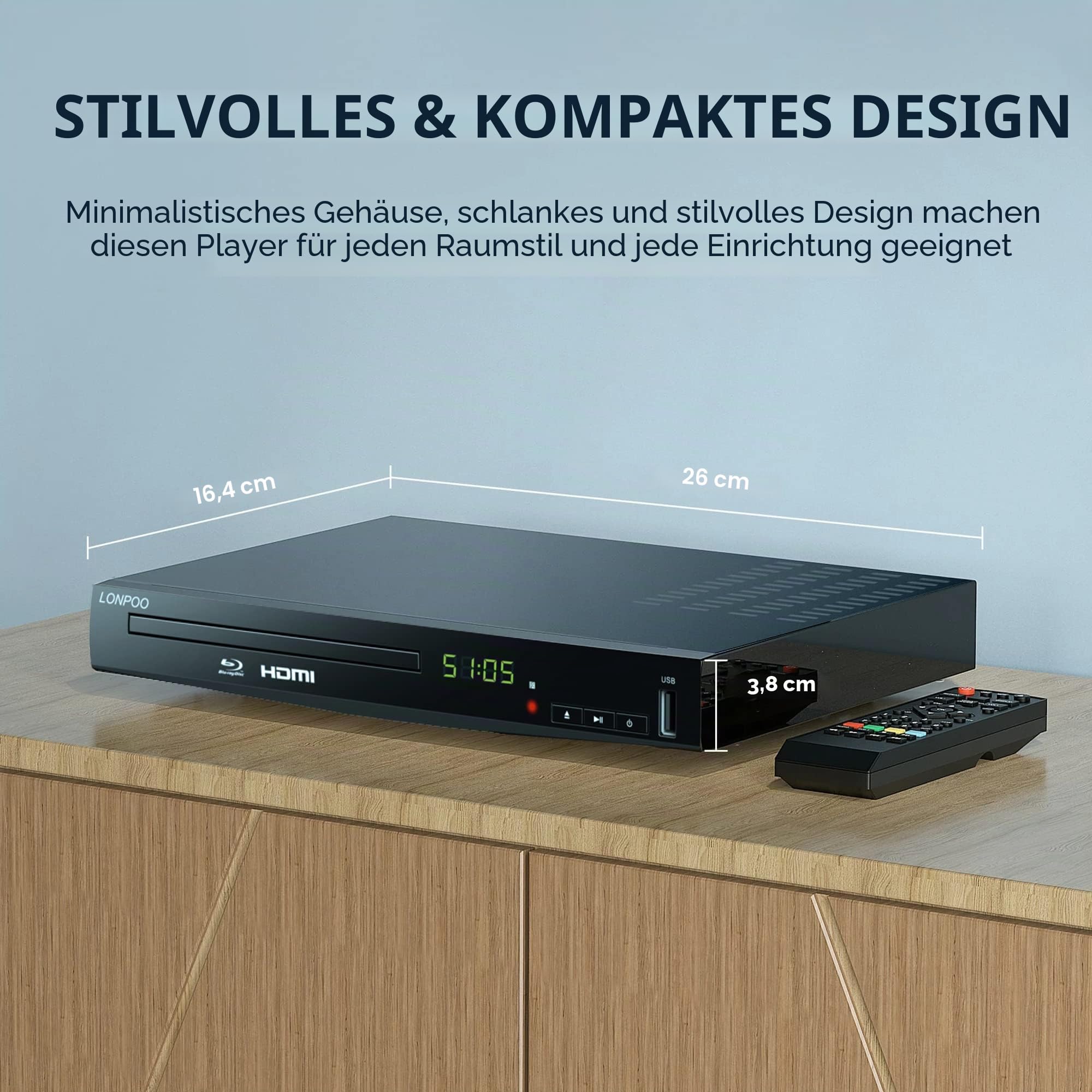 HD Blu-ray Player, Kompakter Bluray Player HDMI 1080P-DVD-Player mit HDMI-Ausgang/AV-Ausgang/Koaxialausgang, USB-Eingang, unterstützt alle DVDs und Region B / 2 Blue Ray Disc