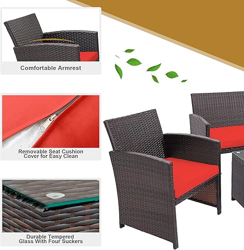 Miniatura 7 de HAPPYGRILL Juego de 4 muebles de mimbre para exteriores con mesa de centro de vidrio templado, cojines suaves, juego de sillas de ratán resistentes