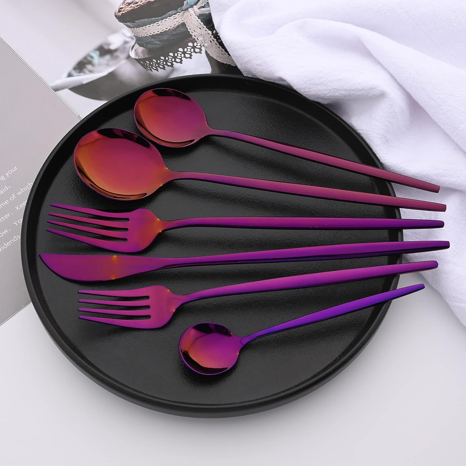 Purple Mirror Finish Silverware Set with Tea Spoon, 24 Piece Stainless Steel Flatware Set Service for 4, Kitchen Utensils Set, Tableware Cutlery Set for Home and Restaurant, Dishwasher Safe