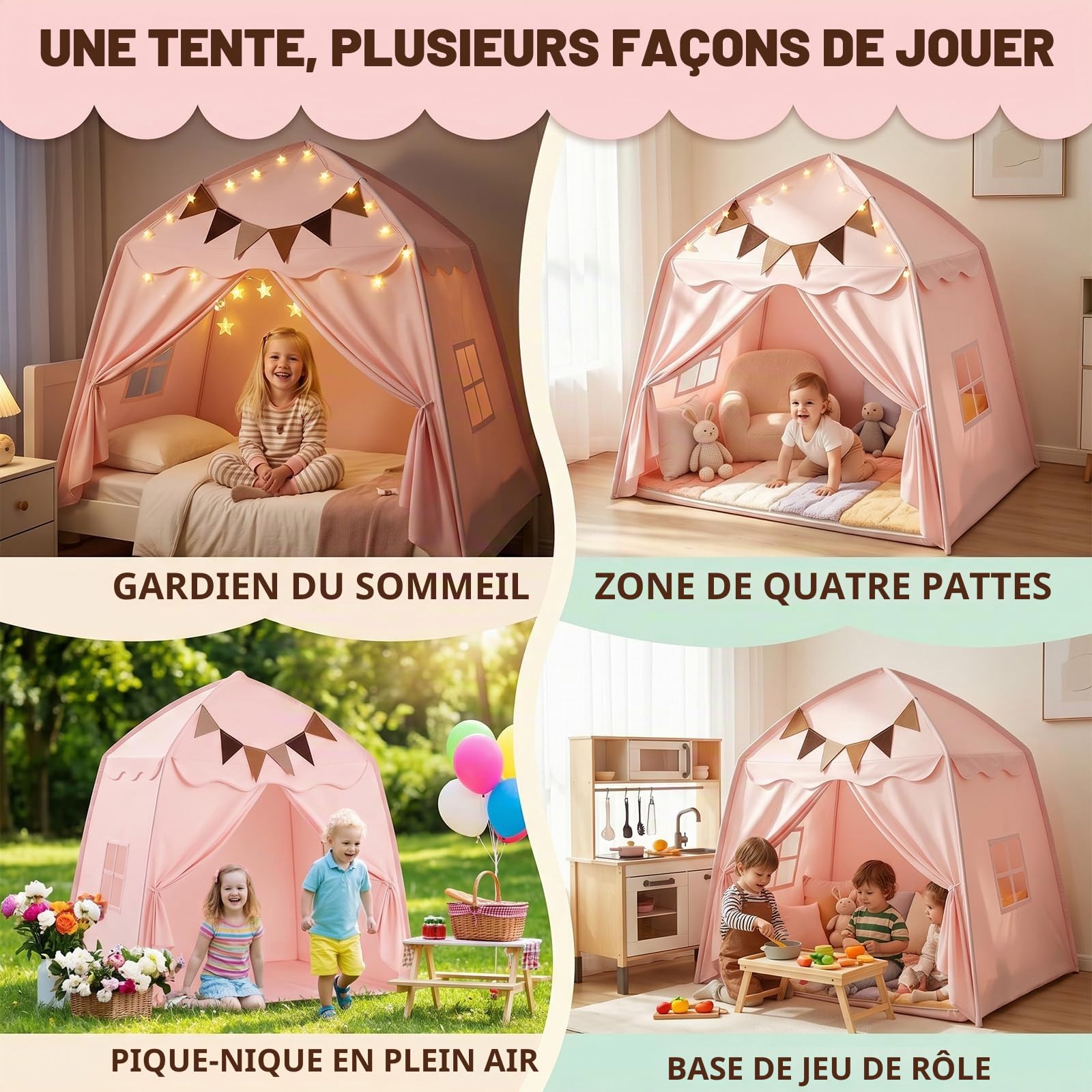 Tente d'intérieur pour enfants, tente de jeu avec drapeaux et lumières, tente portable et pliable, tente de lit pour enfants, maison de jeux pour l'intérieur et l'extérieur (Rose)