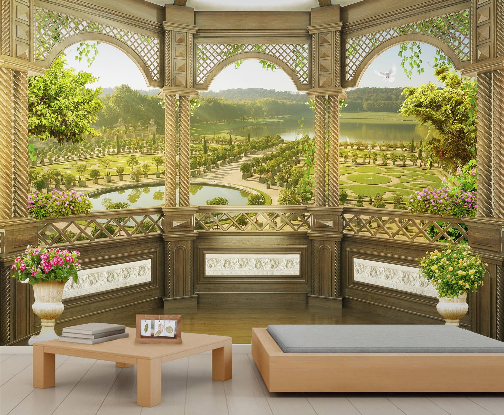 Papier peint paysage de jardin européen rétro pour salon et chambre