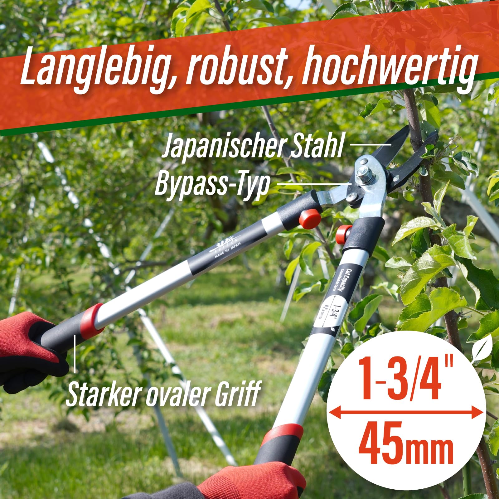 SUIZAN Bypass Astschere 640mm - Japanische Baumschneider Baumschere | Professioneller Astschneider frisches Holz sauberer Schnitt grüne Äste Obstbäume Sträucher Gartenwerkzeug leicht kompakt