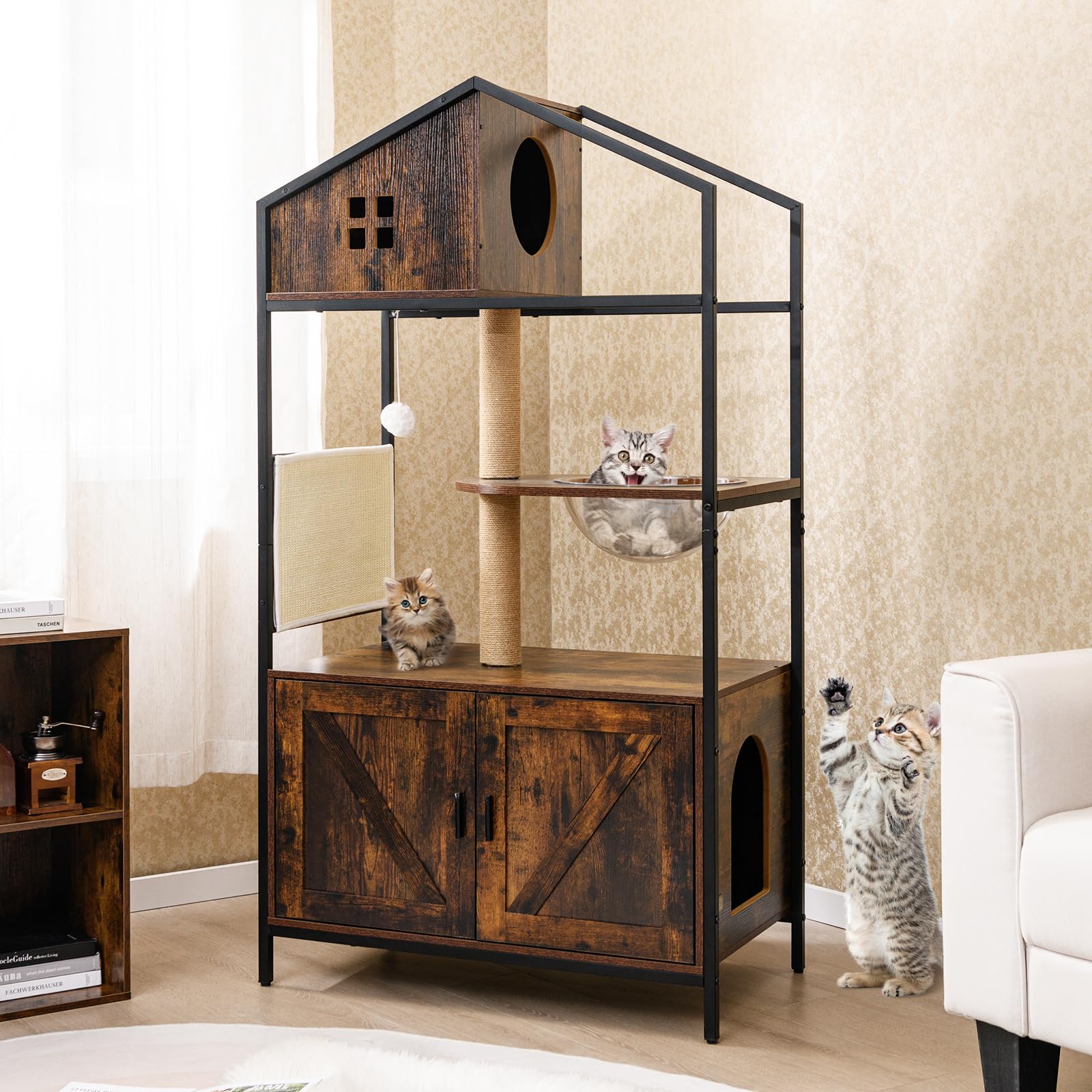 COSTWAY Meuble Litiere Chat, Tapis et Poteaux à Griffer en Sisal, Condo, Capsule, Masion Chat, 3 Trous Ventiles, Coussinets Réglables, Arbre a Chaton avec Litiere Intégrée, 80 x 48 x 150 cm