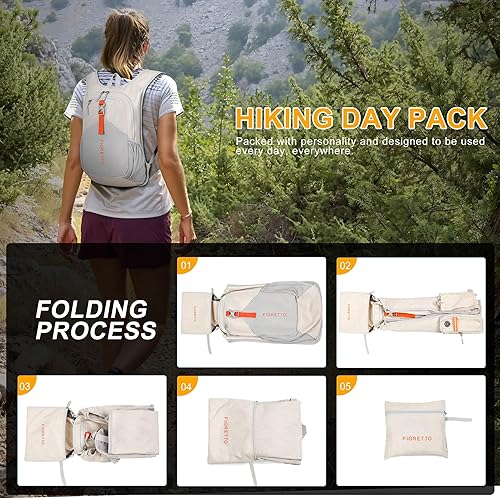 Miniatura 9 de FIORETTO Mochila de senderismo de 15 litros para mujeres y hombres, mini mochila plegable ligera para acampar viajes al aire libre, beige