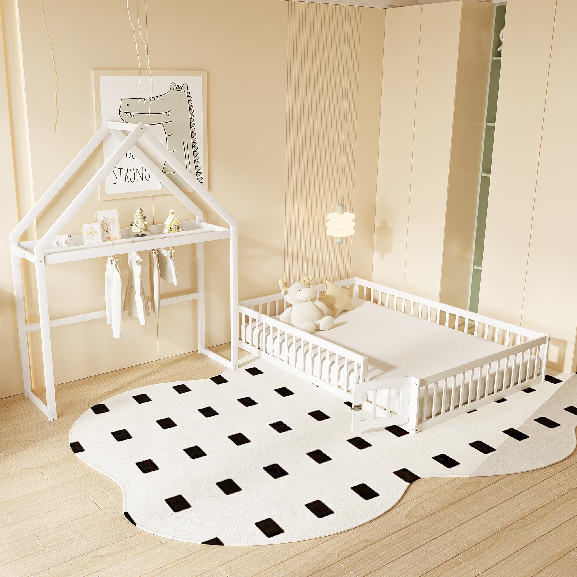 Merax Lit Enfant 140x200 cm Cabane au Sol avec Protection Antichute et Rangement Blanc