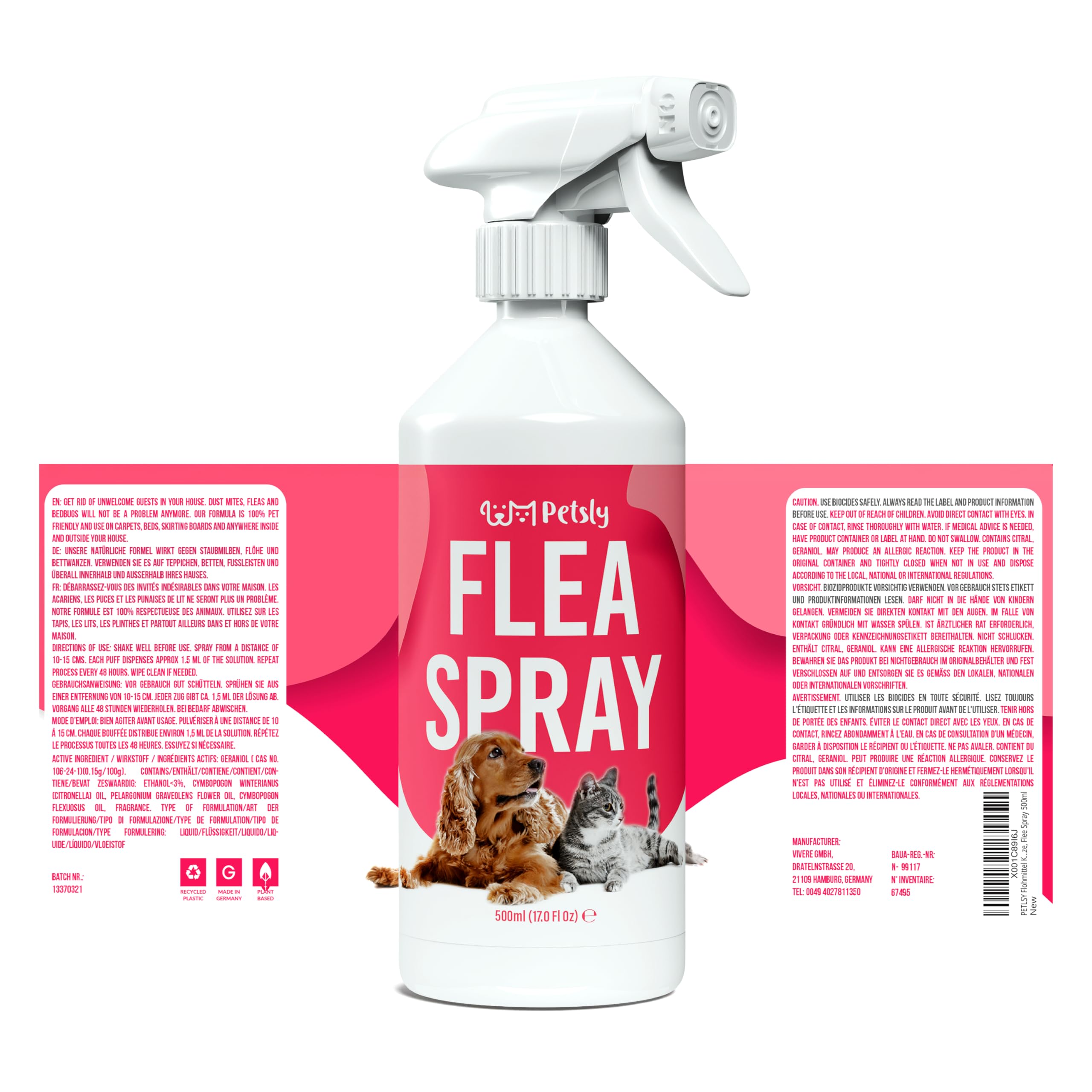 Petsly® Spray Anti Puces Chat & Chien -500ml- Non Tachant - Traitement Anti Puces, Tiques, Acariens pour la Maison, Meubles & Textiles - Spray Anti Puce Maison à l'huile de Citronnelle & Géraniol