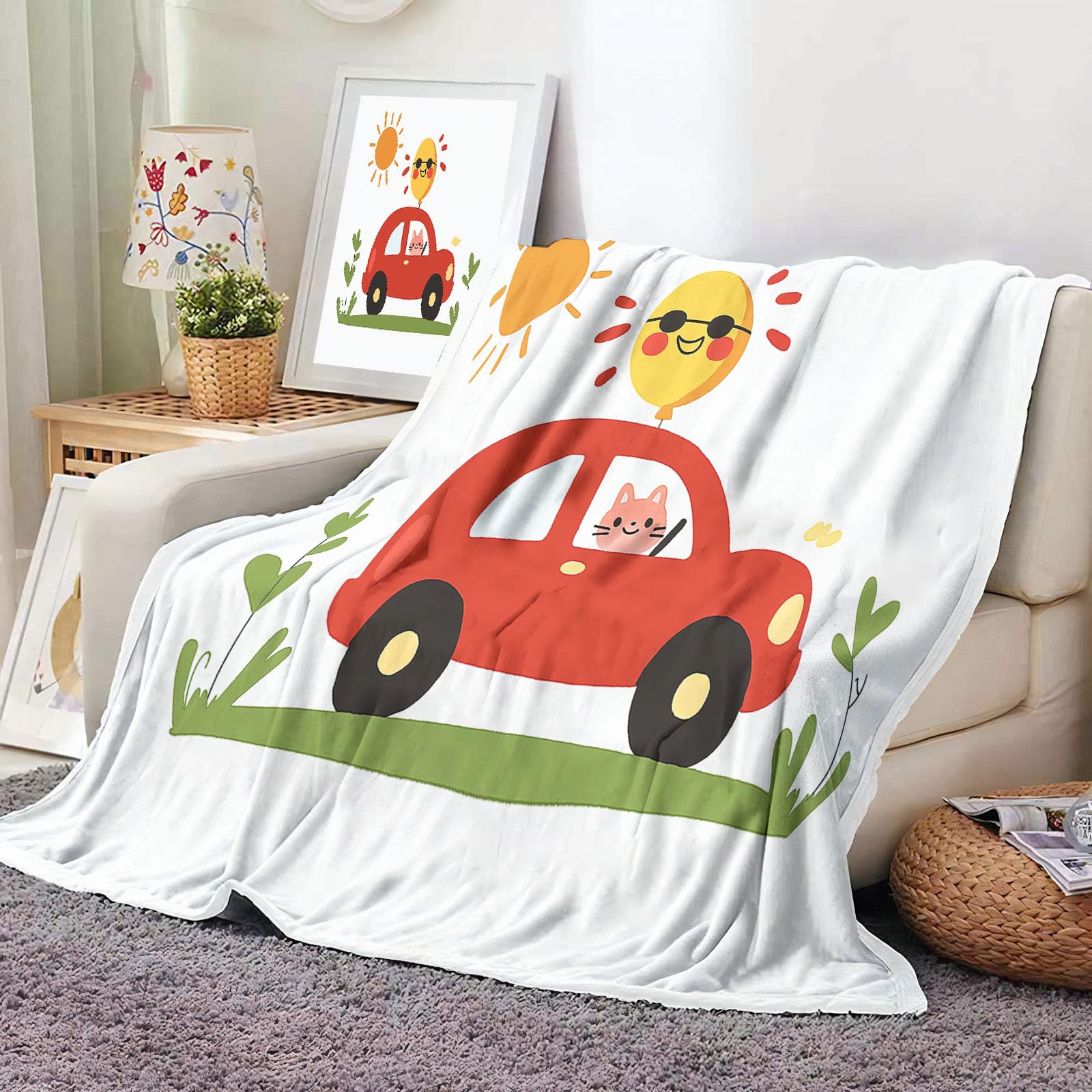 Couverture en flanelle pour enfant motif chat et voiture blanche 130x150cm