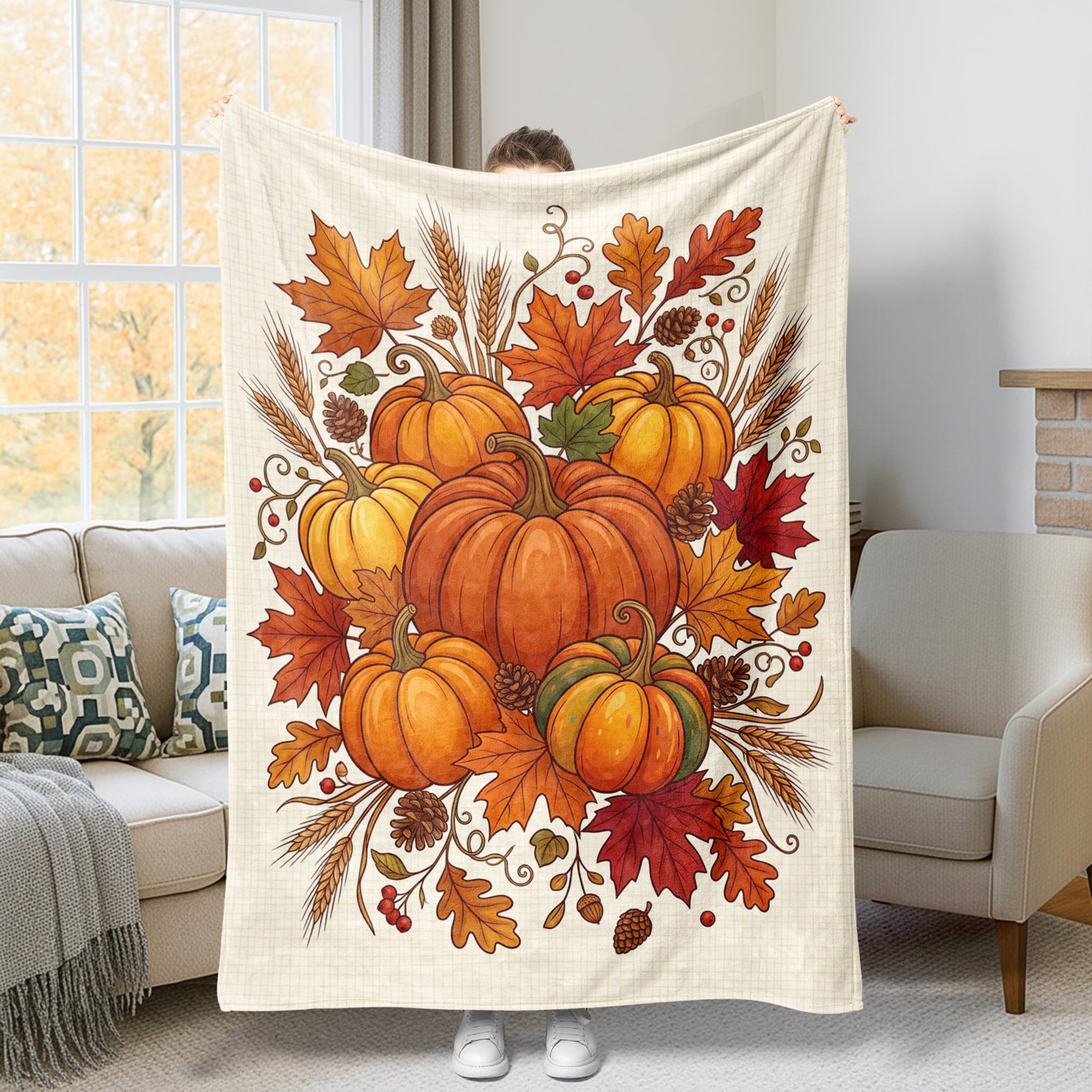 Plaid en flanelle haut de gamme motif feuilles de blé rustiques orange 127x152 cm