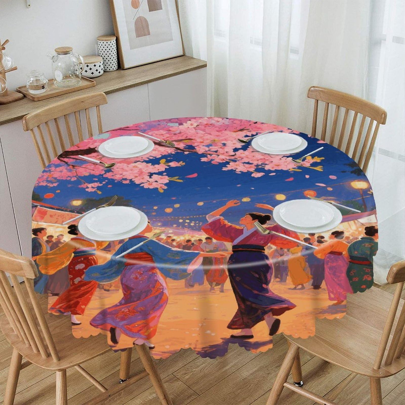 VstaDank Asian Cherry Blossom Round Tablecloth Wipeable Round Polyester Tablecloth Waterproof Wrinkle Free Indoor and Outdoor Table Cover 60 Inch Decorative Farmhouse Table Cloth for Dining
