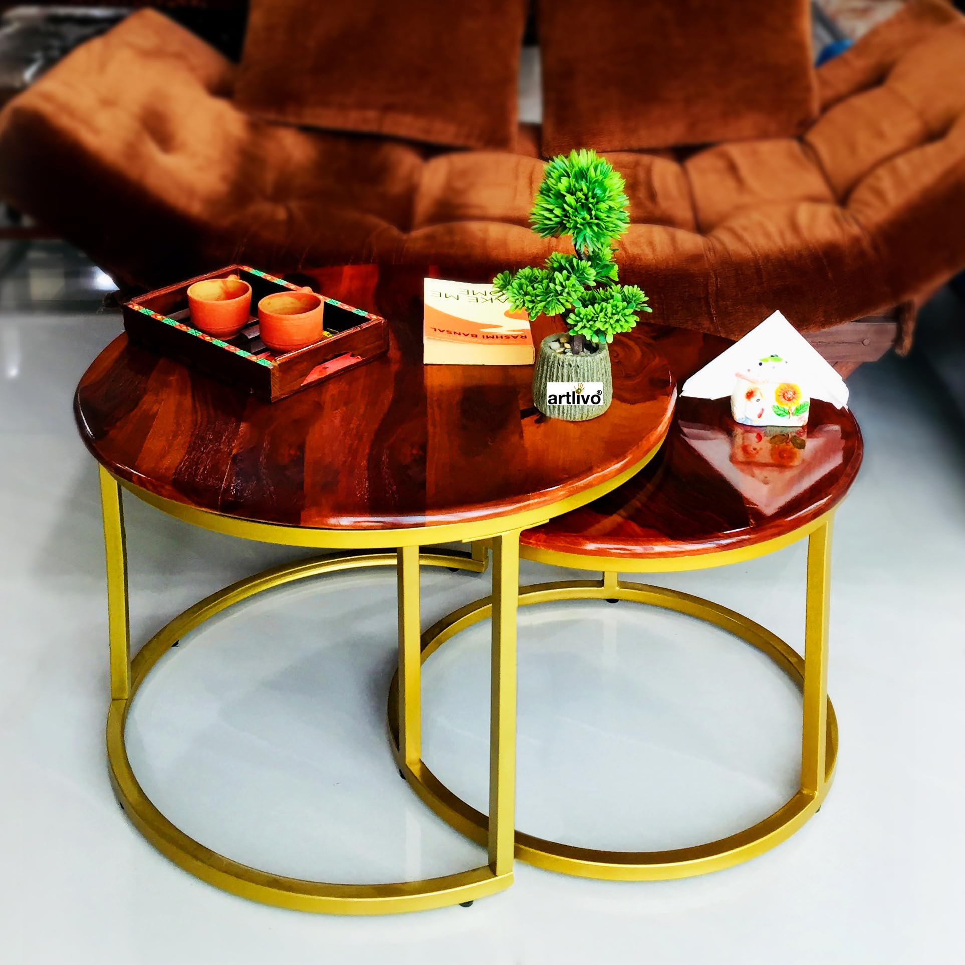 Artlivo Sheesham Solid Wood Coffee Table - Set of 2 (27/22 inch Dia) for Living|Drawing|Bedroom|Office|Balcony|Gift|Diwali|Wedding