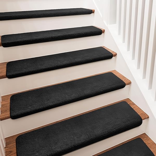 PURE ERA Carpet Stair Treads Ultra Plush 9.5" X 30"Soft Bullnose Indoor Stair Protectors Pet-Friendly Non-Slip Skid Resistant Tape Free Washable Reusable(7 Pieces,Black)