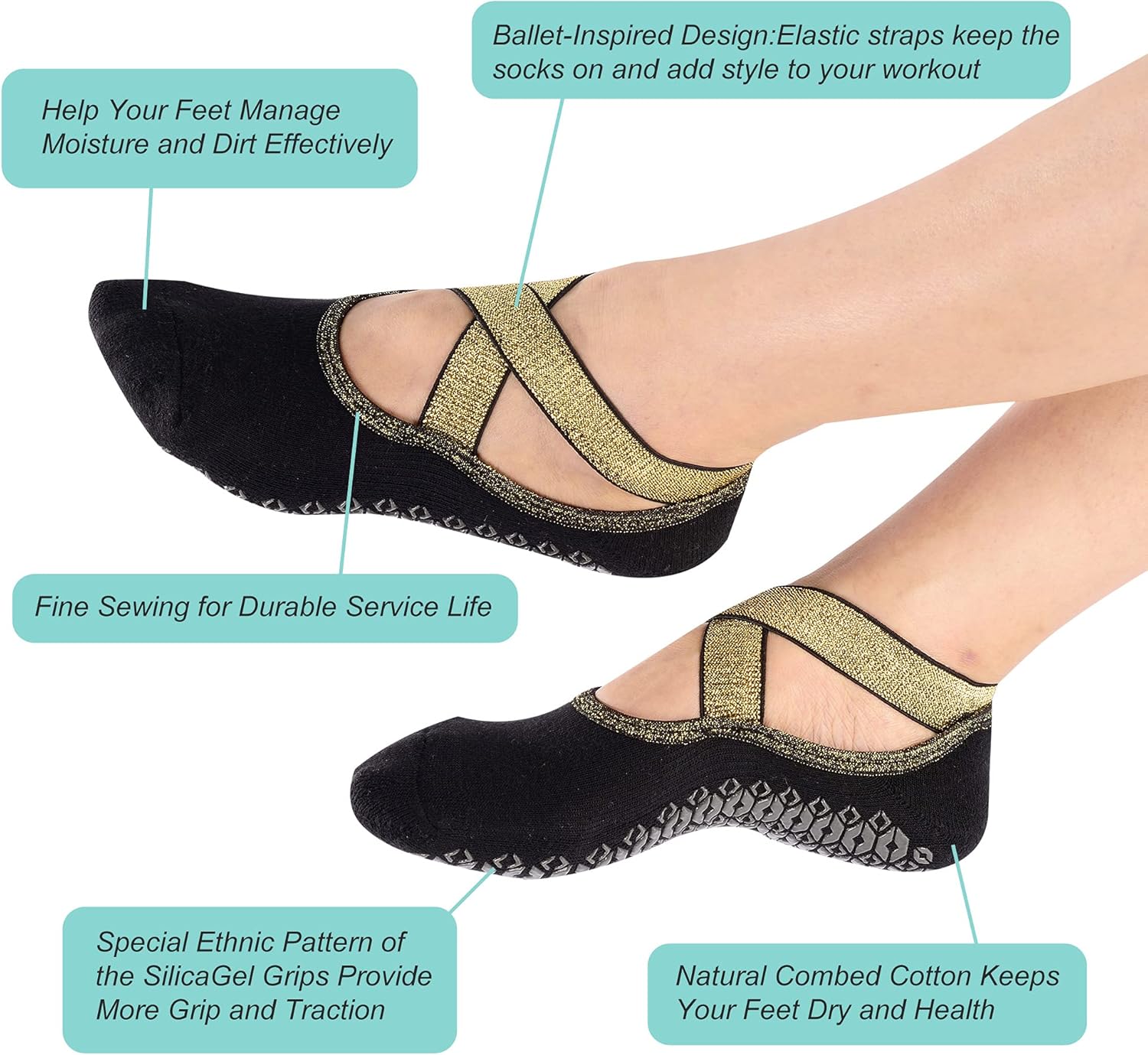 Womens and Girls Glitter Padded Anti Skid Non Slip Yoga Socks with Grips for Barre Pilate Ballet - Image 3