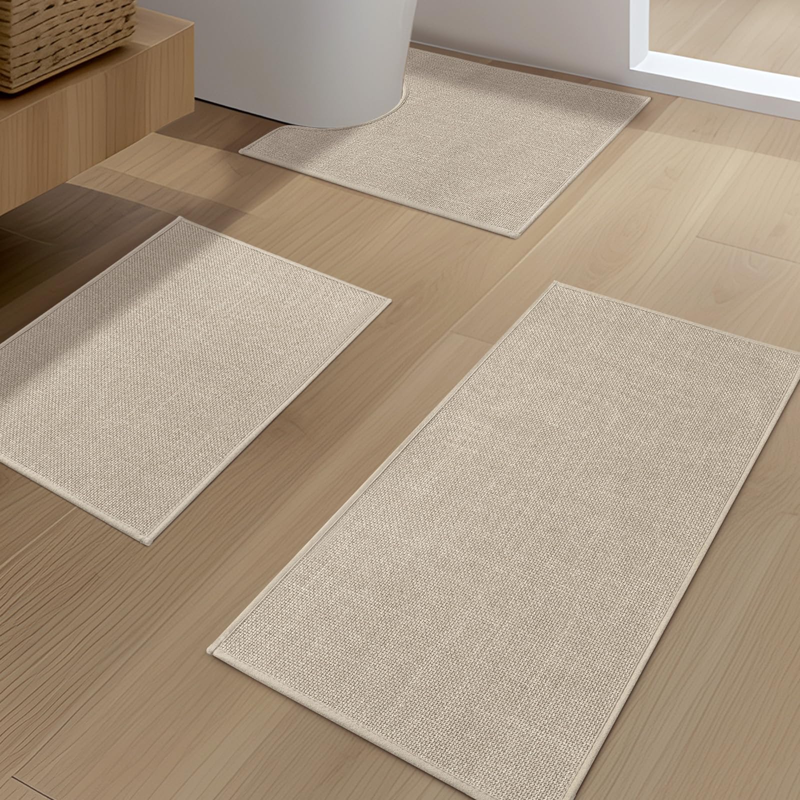 YIHOUSE Beige Bathroom Rug Set, 3 Piece - Absorbent Non Slip Bath Mat, Quick Dry, Thin Bath Rug for Toilet and Floor
