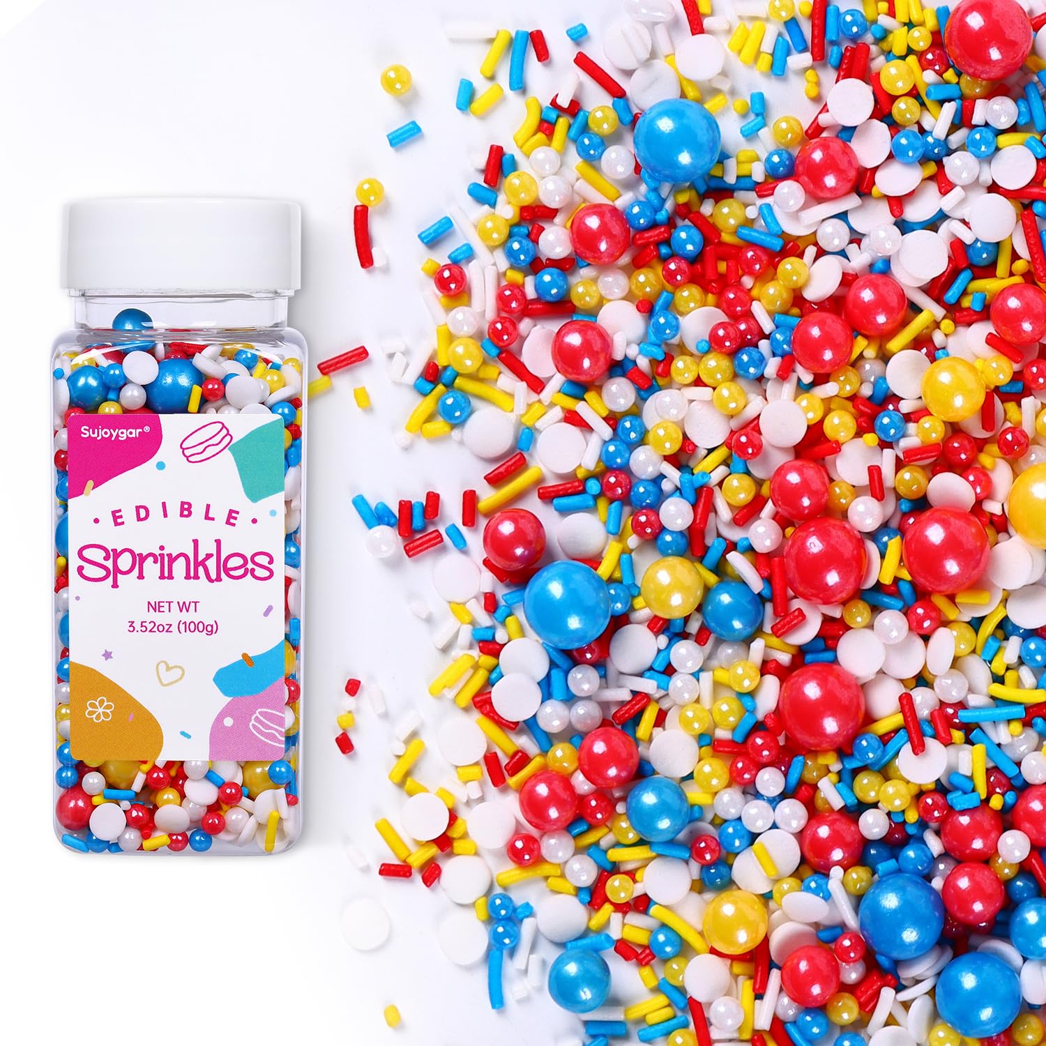 Red Blue and Yellow Sprinkles for Cake Decorating, 3.52oz Funfetti Edible Pearl Sprinkles for Cupcake Baking Ice Cream Cookie, Party Cake Decoration