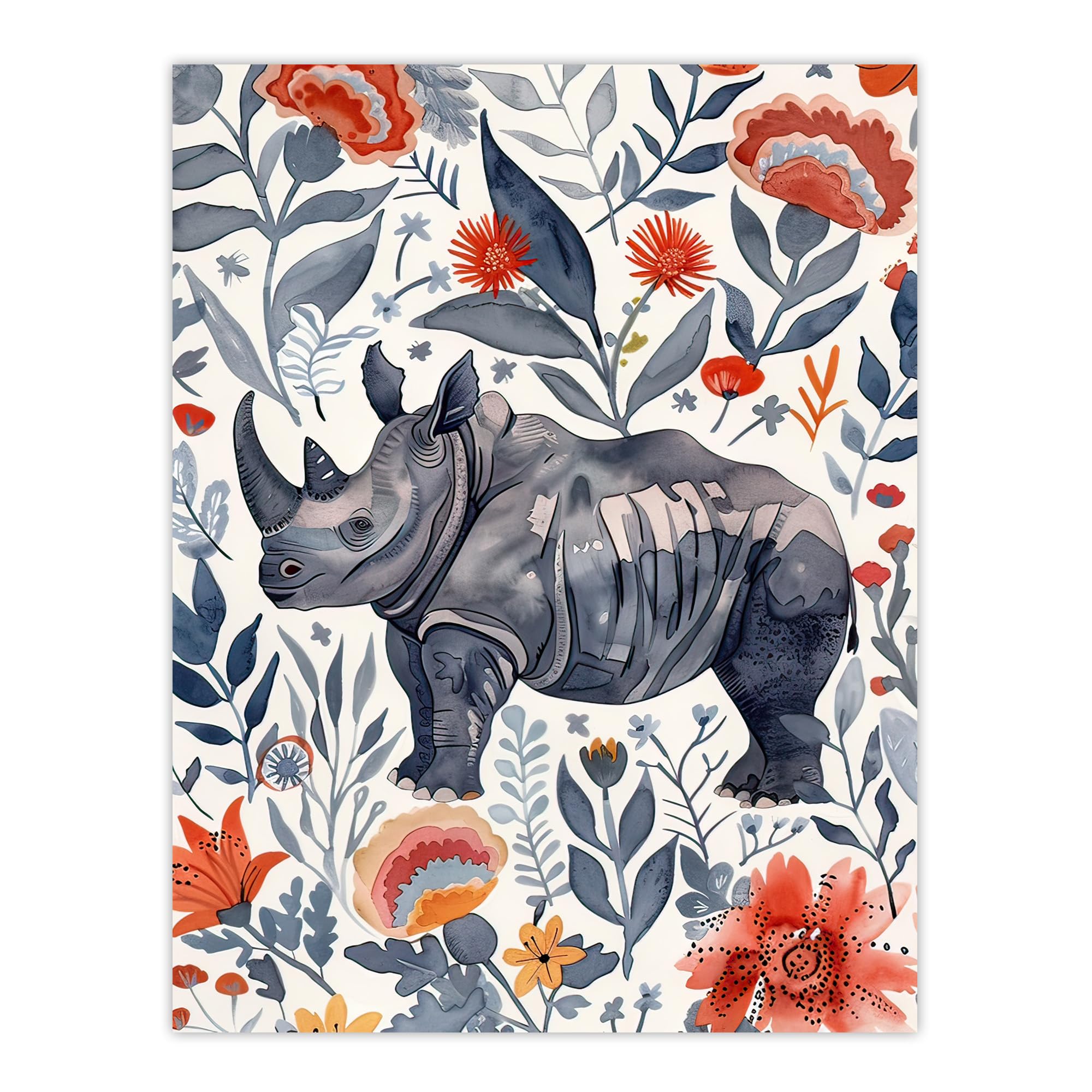 Artery8 Rhinoceros Rhino Blue Red Floral Pattern Portrait Living Room Extra Large XL Wall Art Poster Print