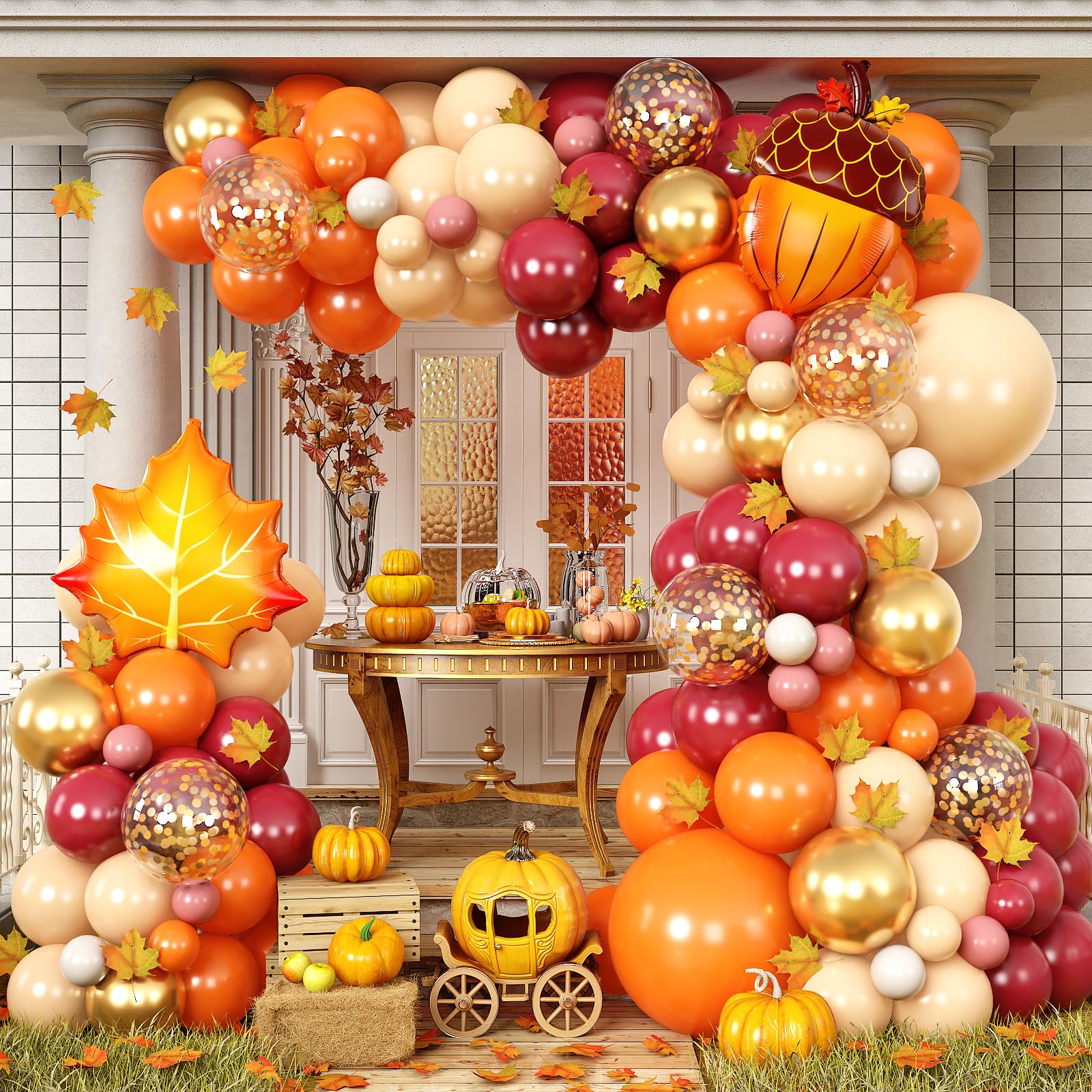Fall Balloon Arch Kit, Thanksgiving Orange Burgundy Gold Balloon Garland