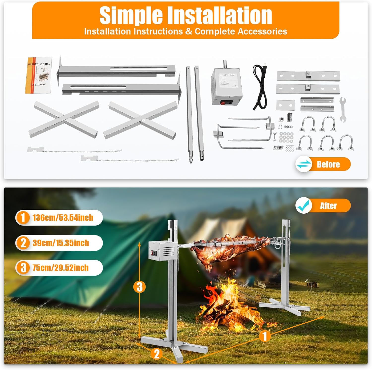 53"L Electric Rotisserie Grill Kit, 88lbs Load Pig Spit Roaster, 25W Motor BBQ Rotisserie, 360° Auto Rotation 5 Height Adjustable Stand Outdoor Grill, Stainless Steel for Party Roasting Lamb Chicken