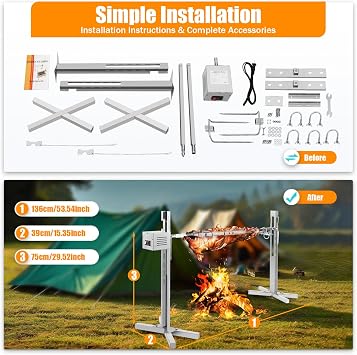 Electric Rotisserie Grill Kit, 53 Heavy Duty Stainless Steel Universal Grill Rotisserie Kit, 25W Automatic Rotatable Motor Height Adjustable Roaster Stand for Pig Chicken Lamb Barbecue