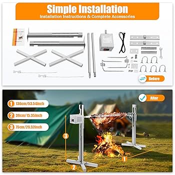 Girarrosto Elettrico Da 30kg | Spiedo Elettrico Acciaio Inox 25W | Griglia Per Arrosti E BBQ | 53 Pollici - Foto 5