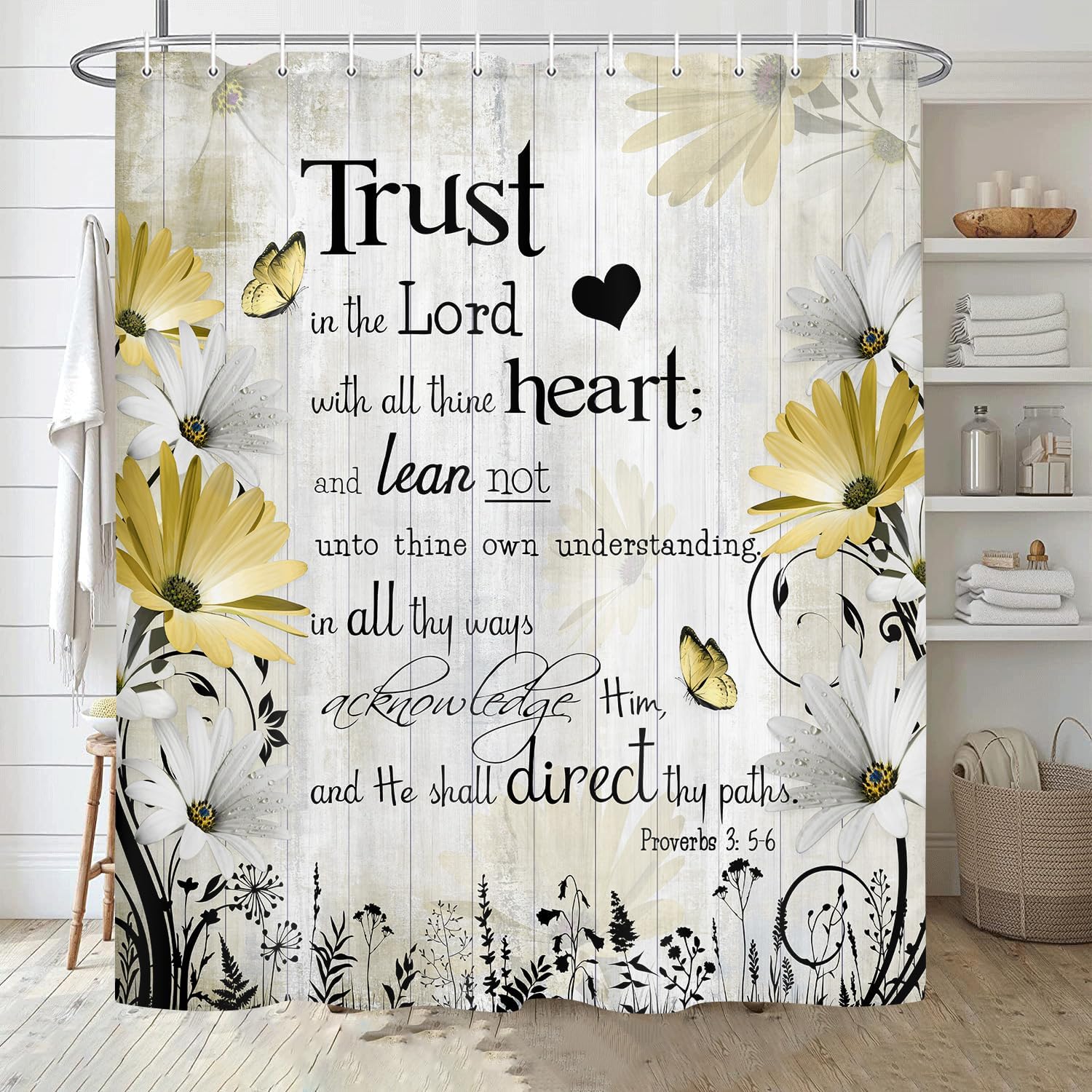 Bible Verse Inspirational Quote Shower Curtain, Yellow Floral Daisy Trust in The Lord Waterproof Fabric Shower Curtain, Rustic Farmhouse Butterfly Bathroom Shower Curtain with 12PCS Hooks, 70X84IN