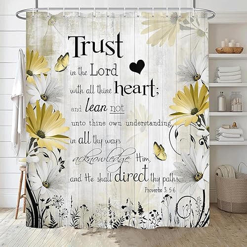 Miniatura 5 de Cortina de ducha con versículo bíblico con cita inspiradora, cortina de ducha de tela impermeable con margaritas florales amarillas, cortina de